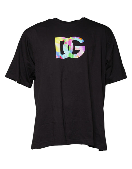 Black t-shirt with colorful logo on back