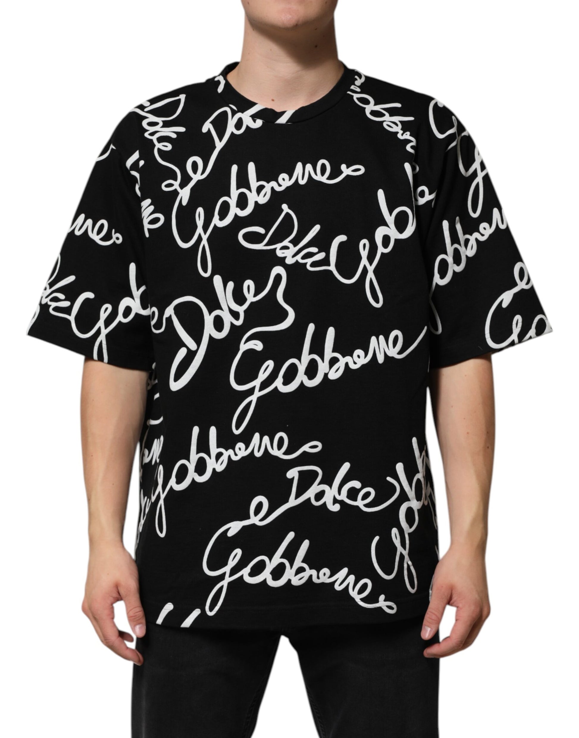 Black t-shirt with white cursive writing