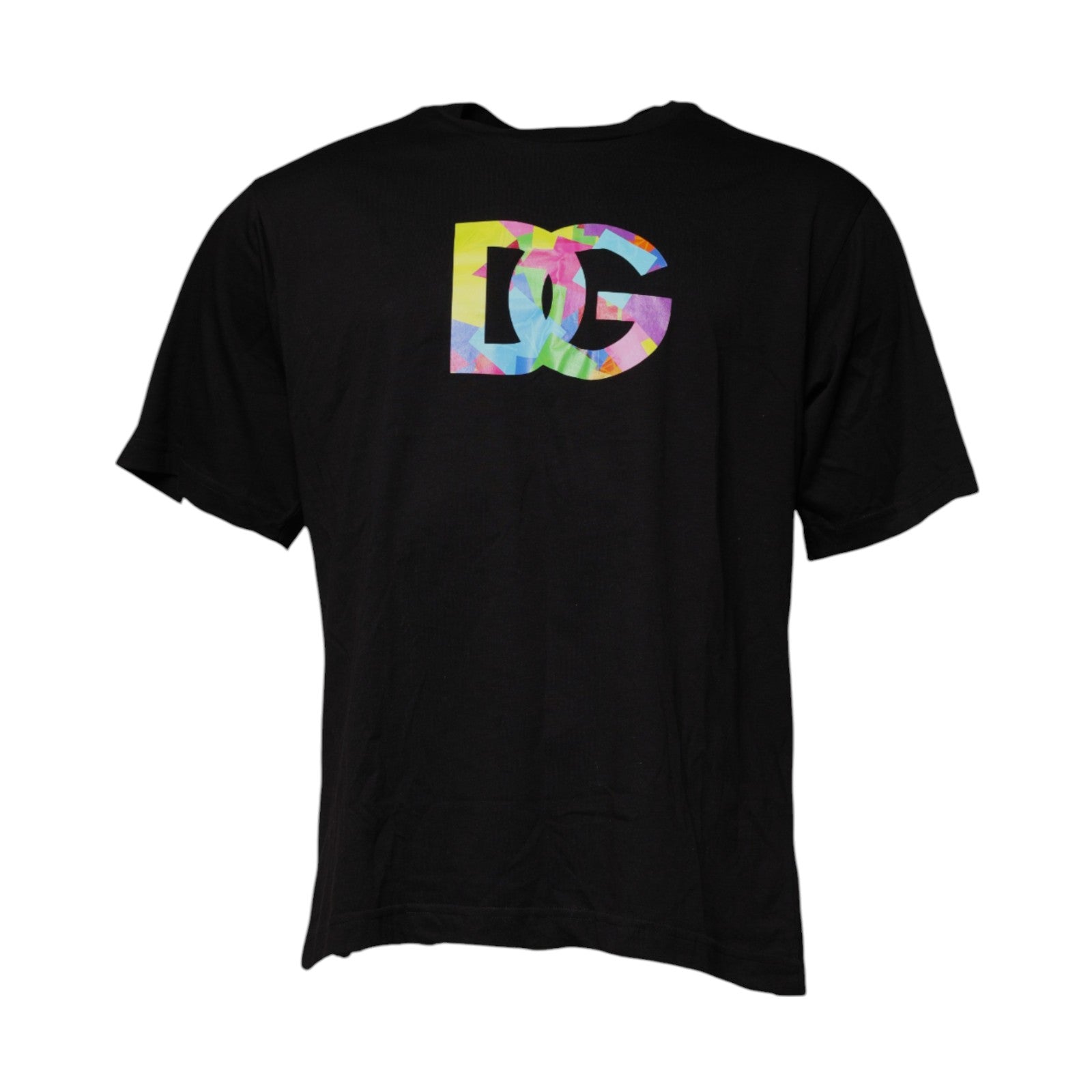 Black t-shirt with colorful lettering on back
