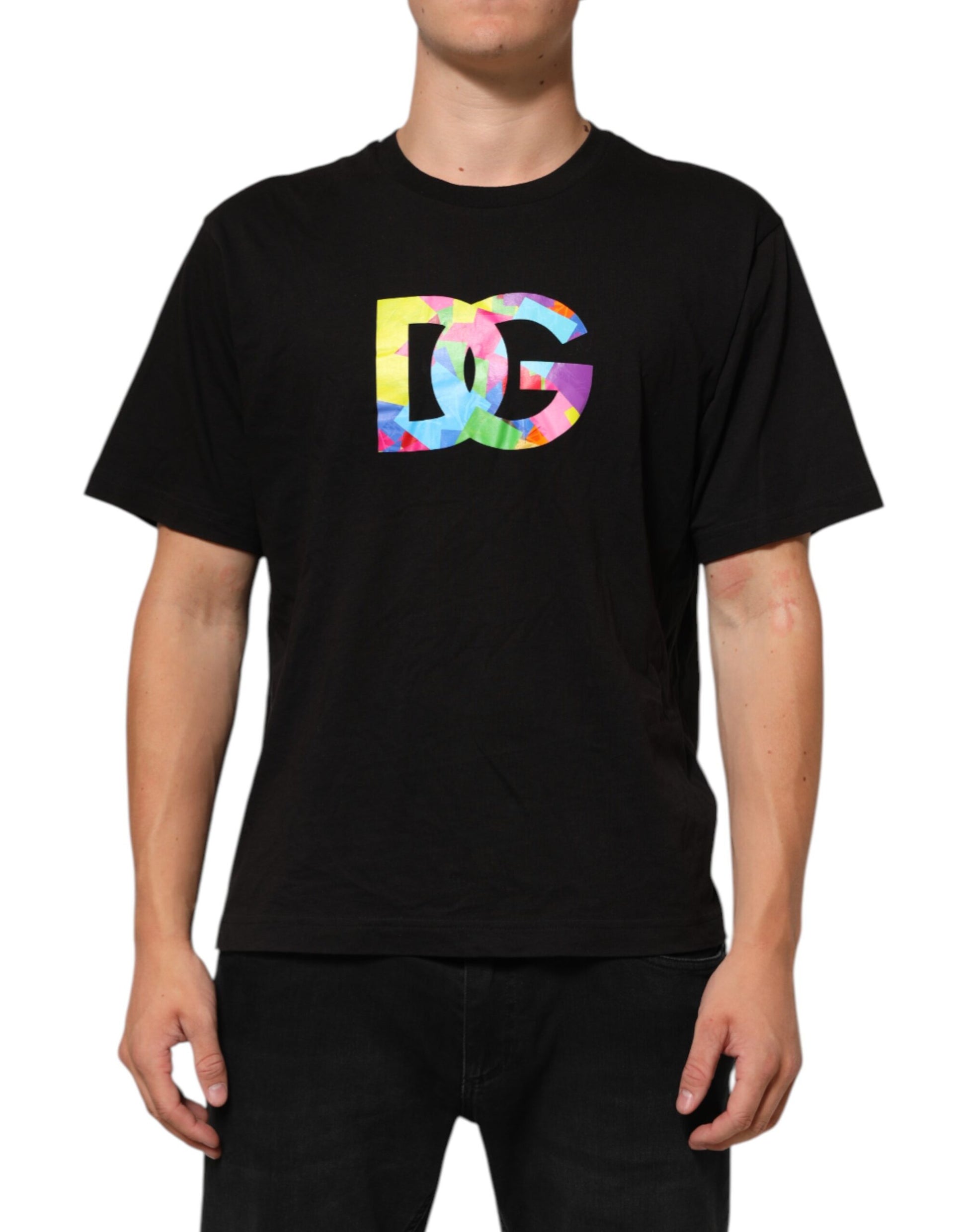 Black t-shirt with colorful logo on front