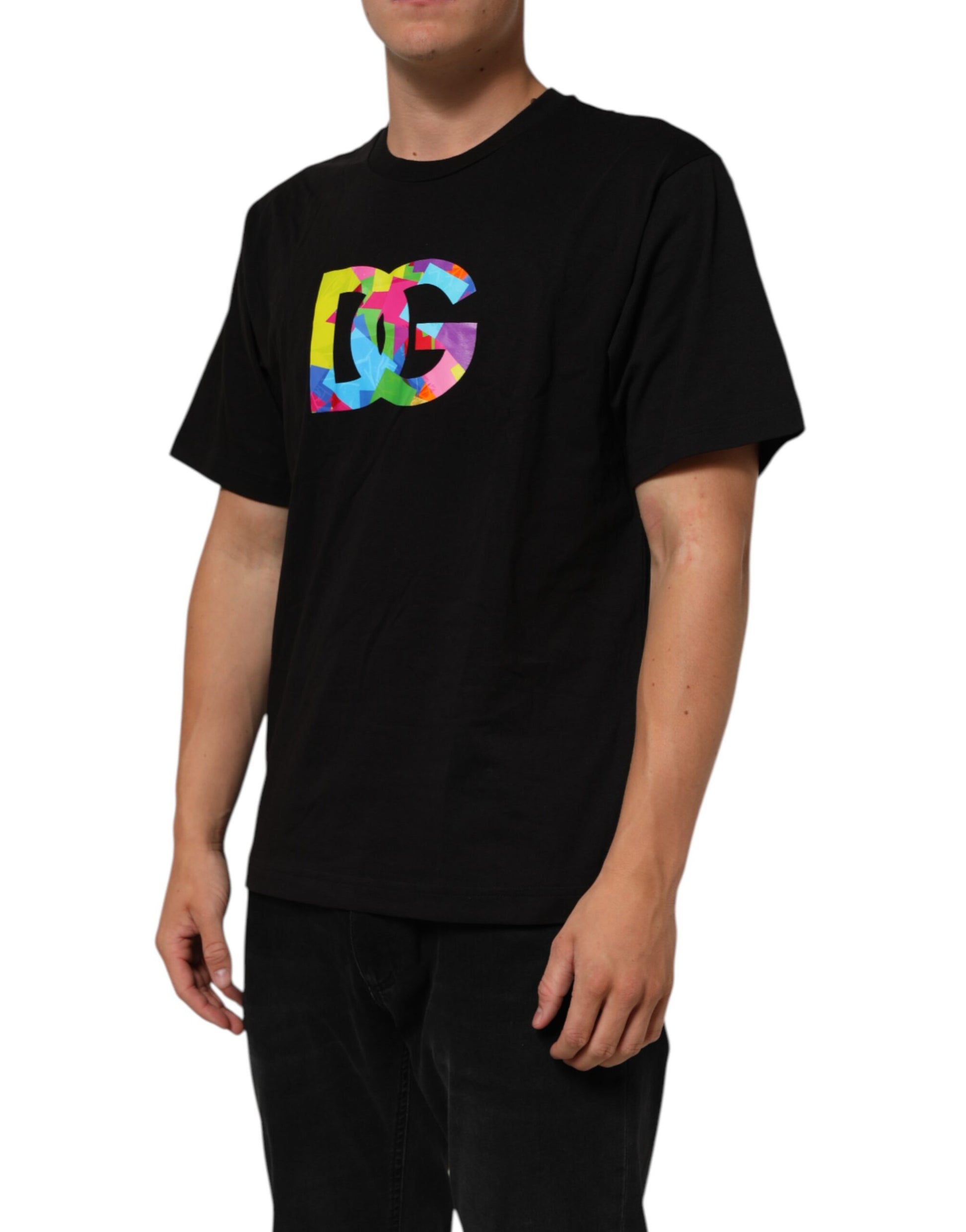 Black t-shirt with colorful graphic on front