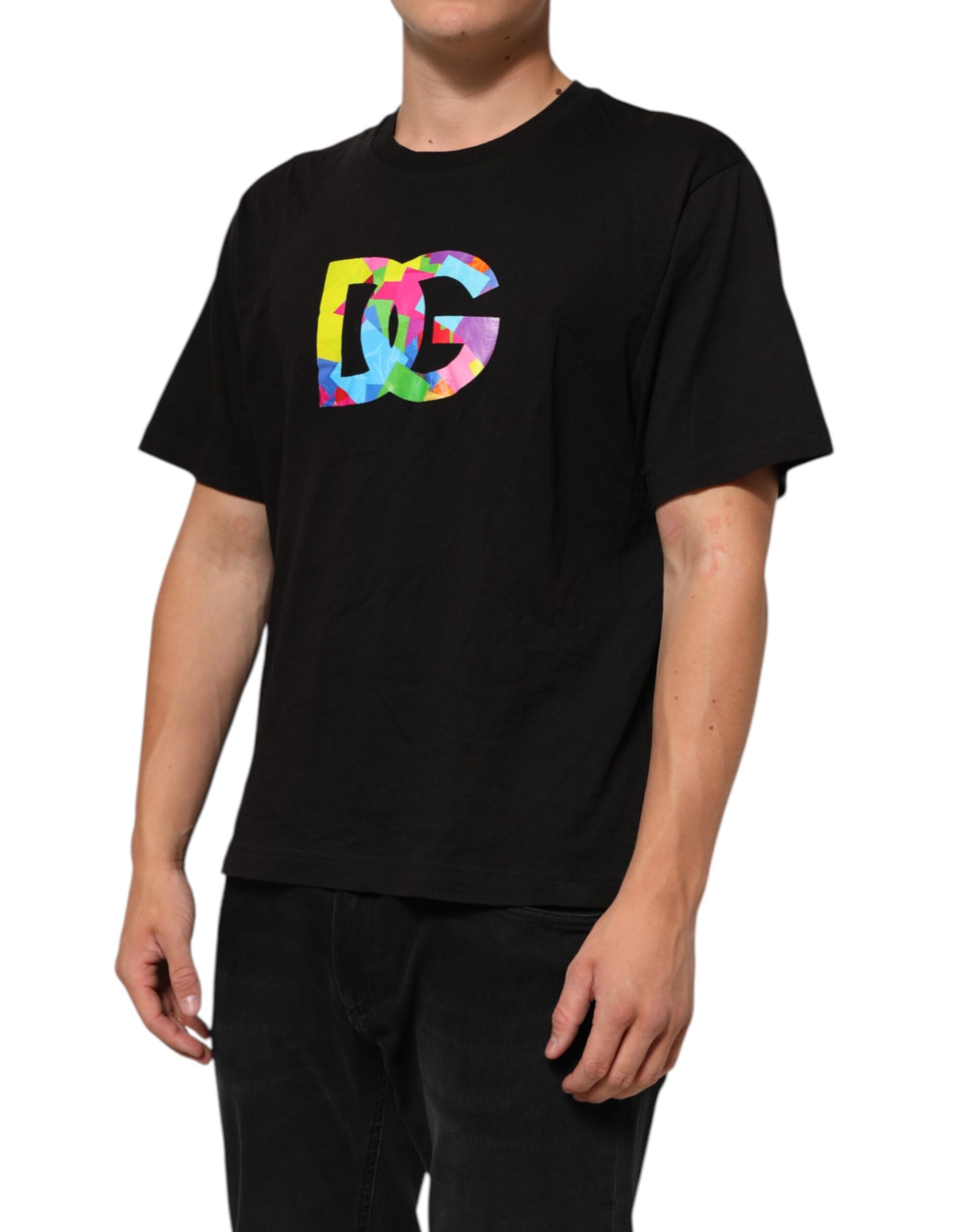 Black t-shirt with colorful logo on front