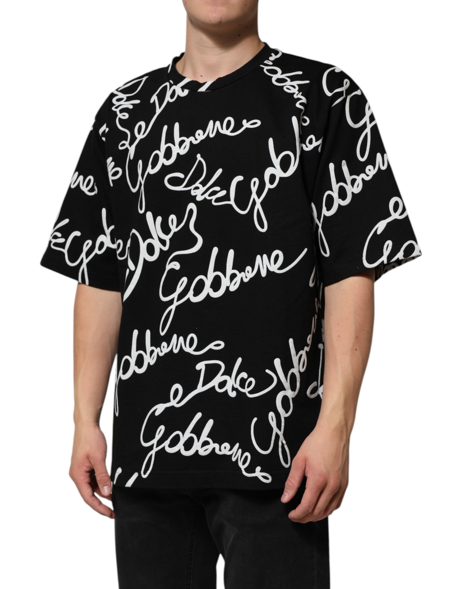 Black t-shirt with white cursive writing