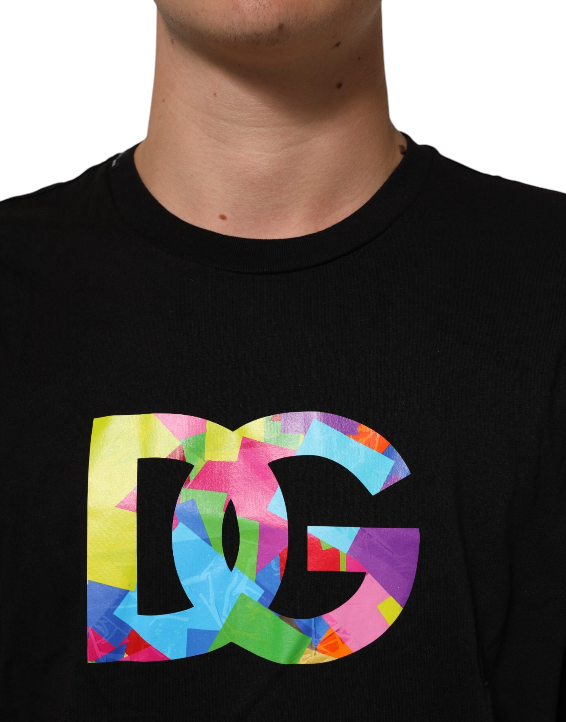 Black t-shirt with colorful DG logo on front