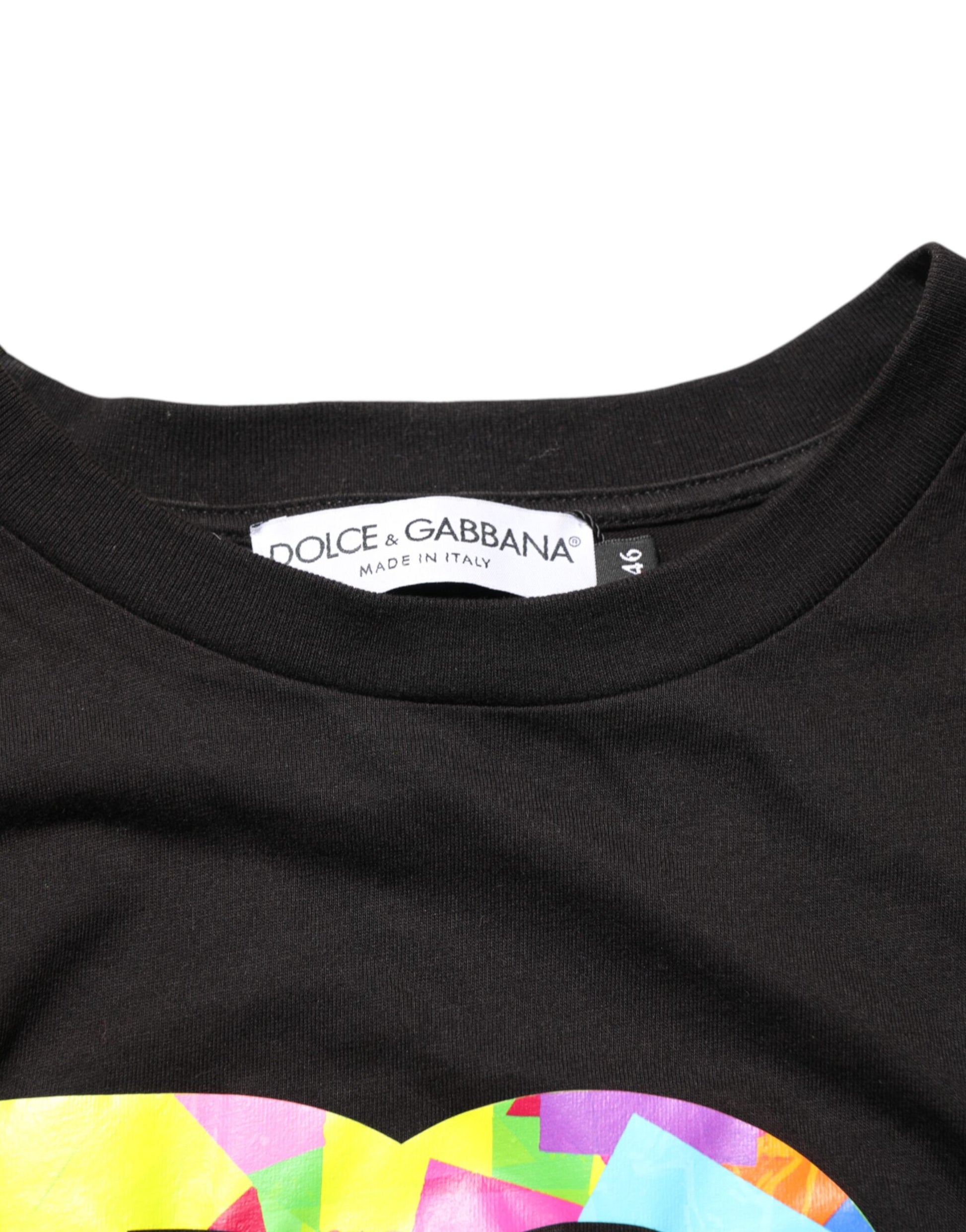 Black t-shirt with colorful graphic on front