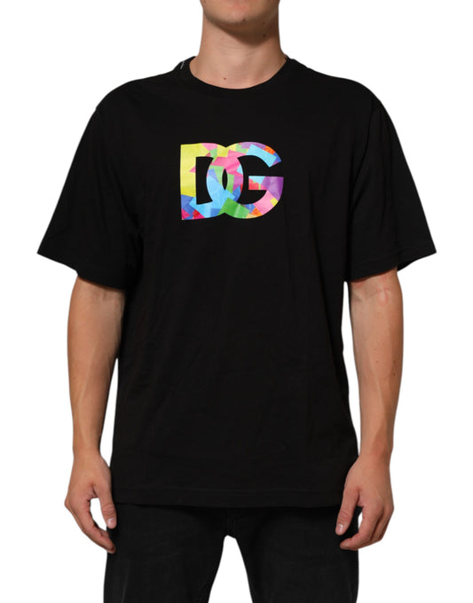 Black t-shirt with colorful logo on front