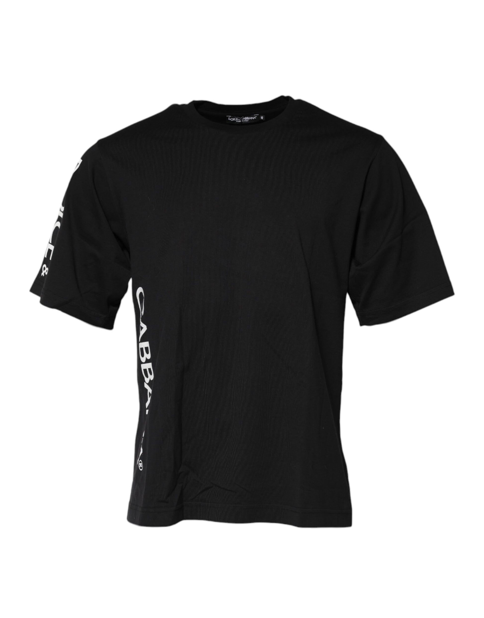 Black short sleeve t-shirt with white lettering on front