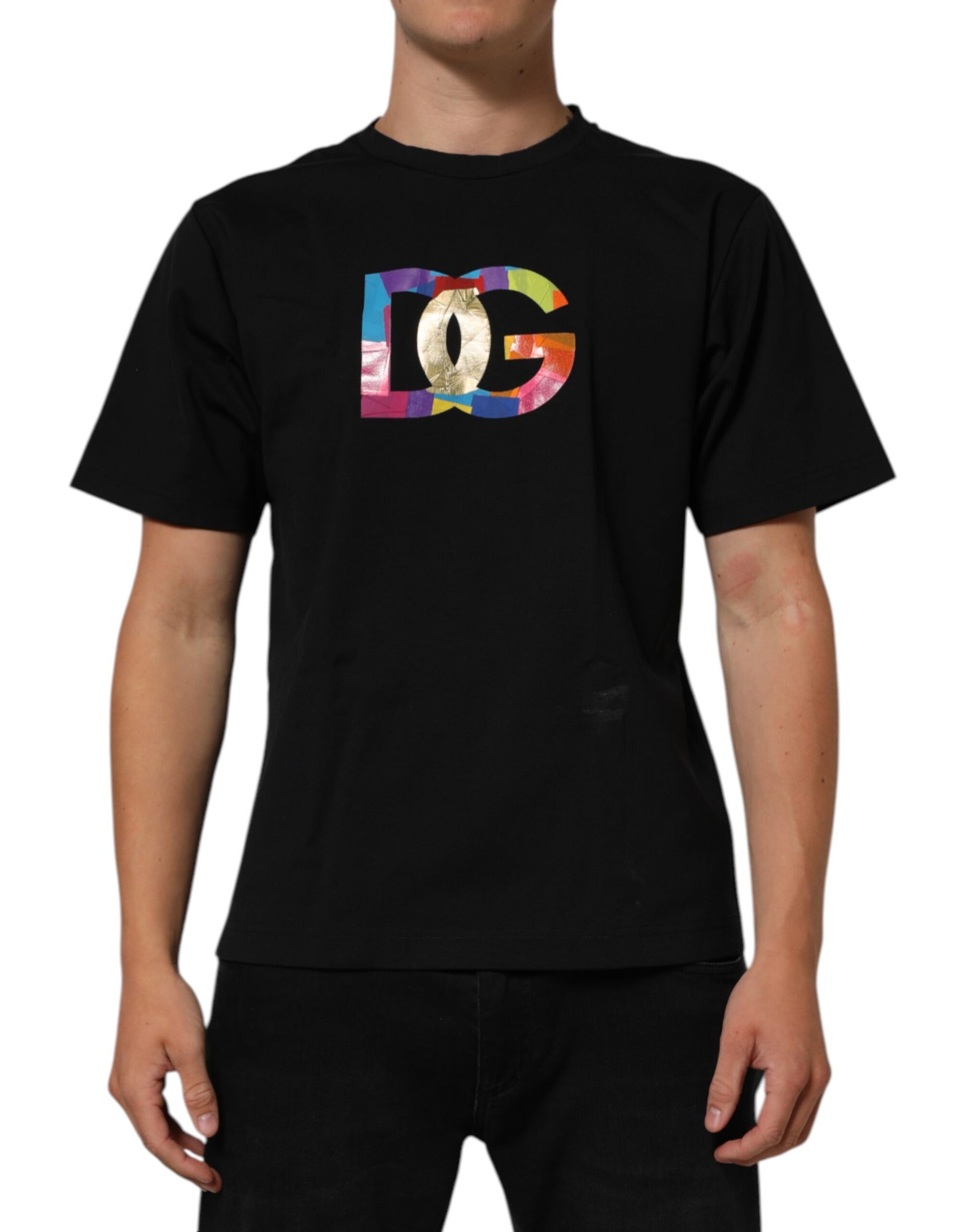 Black t-shirt with colorful graphic on front