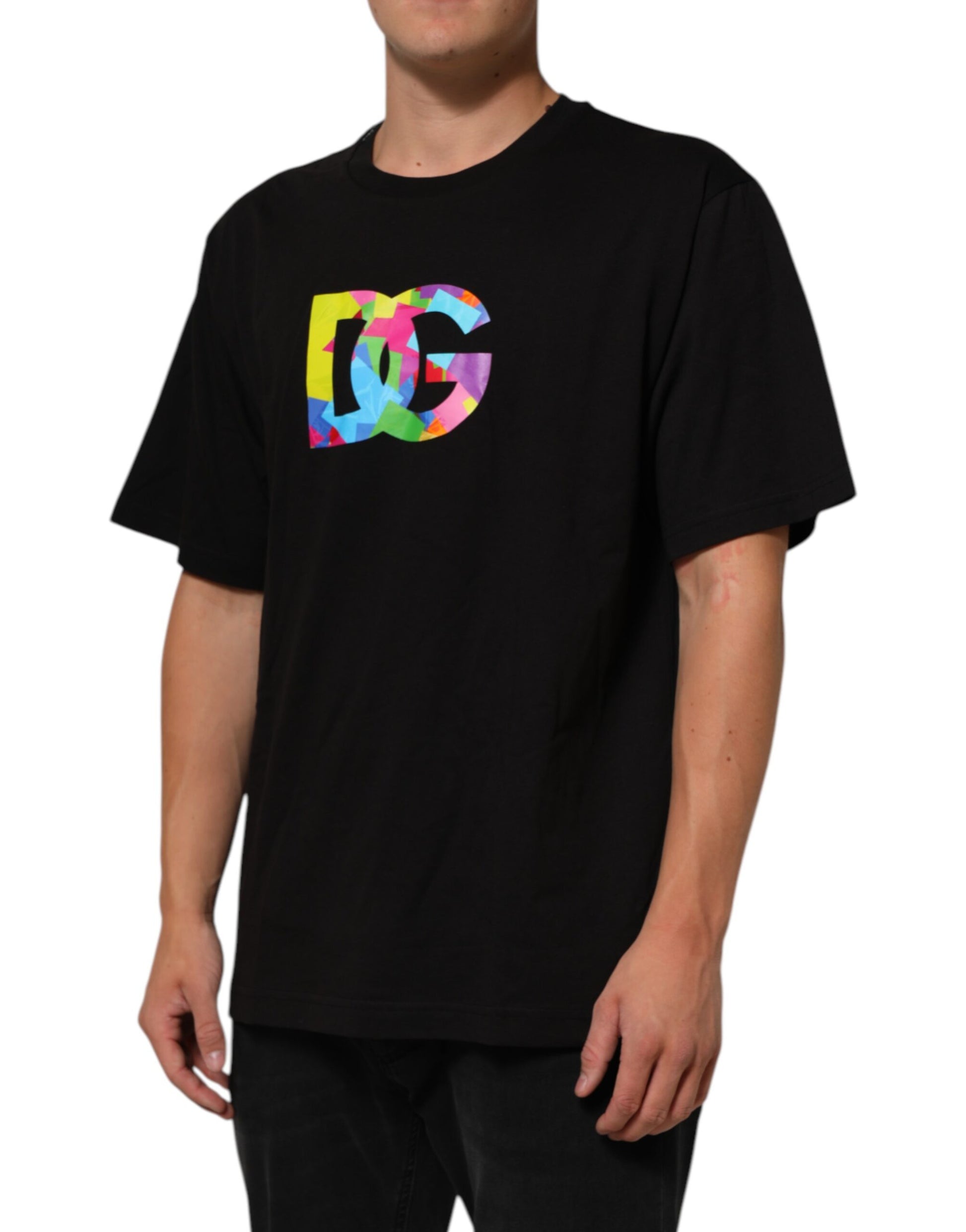 Black t-shirt with colorful logo on front