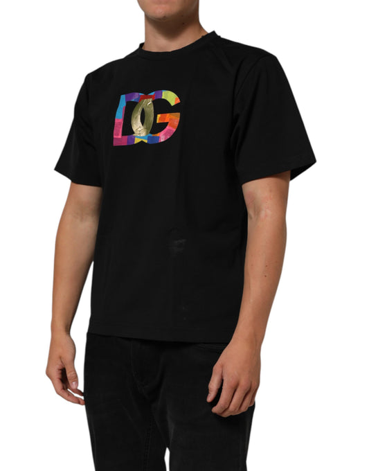 Black t-shirt with colorful graphic design on front