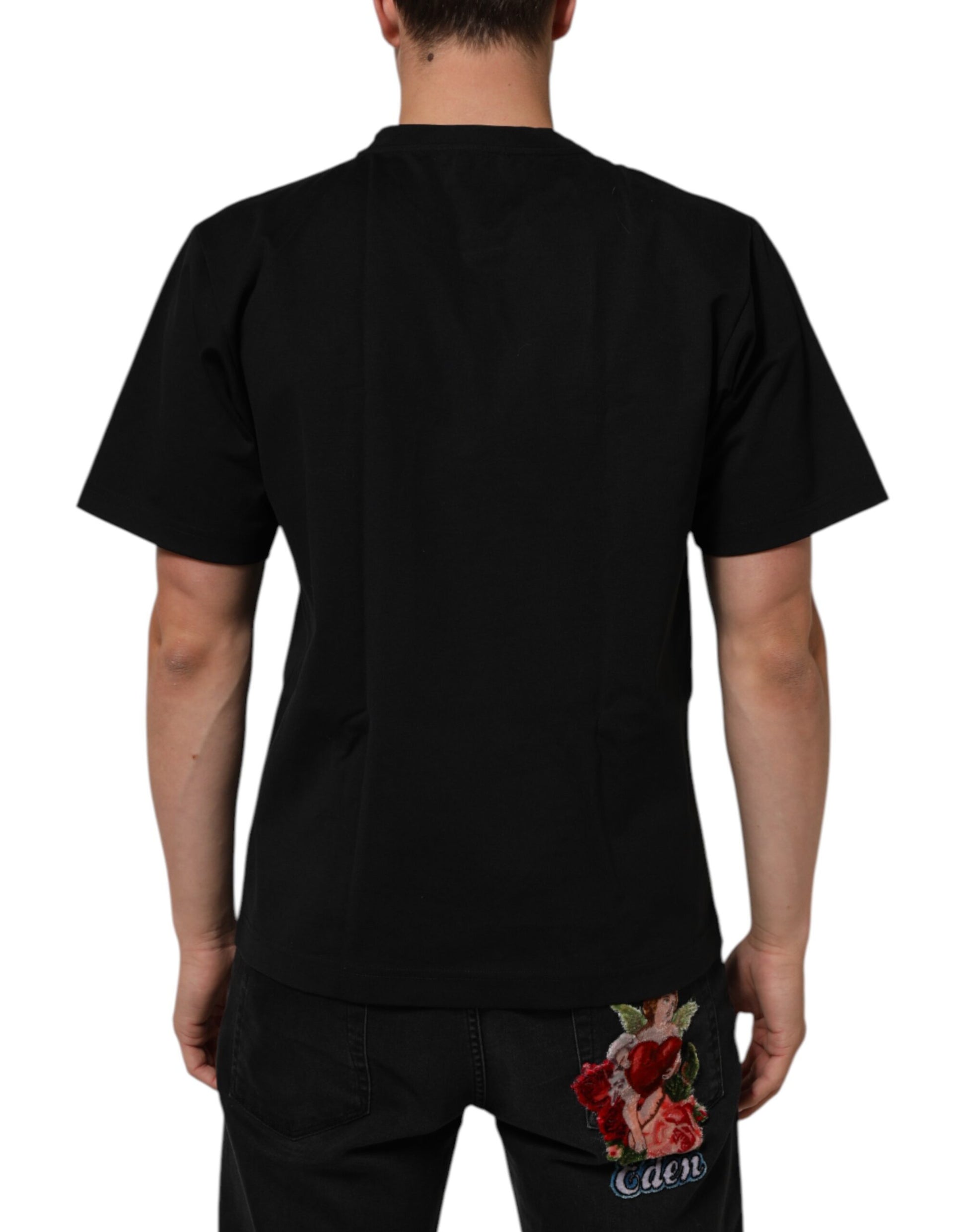 Black t-shirt with floral design on back