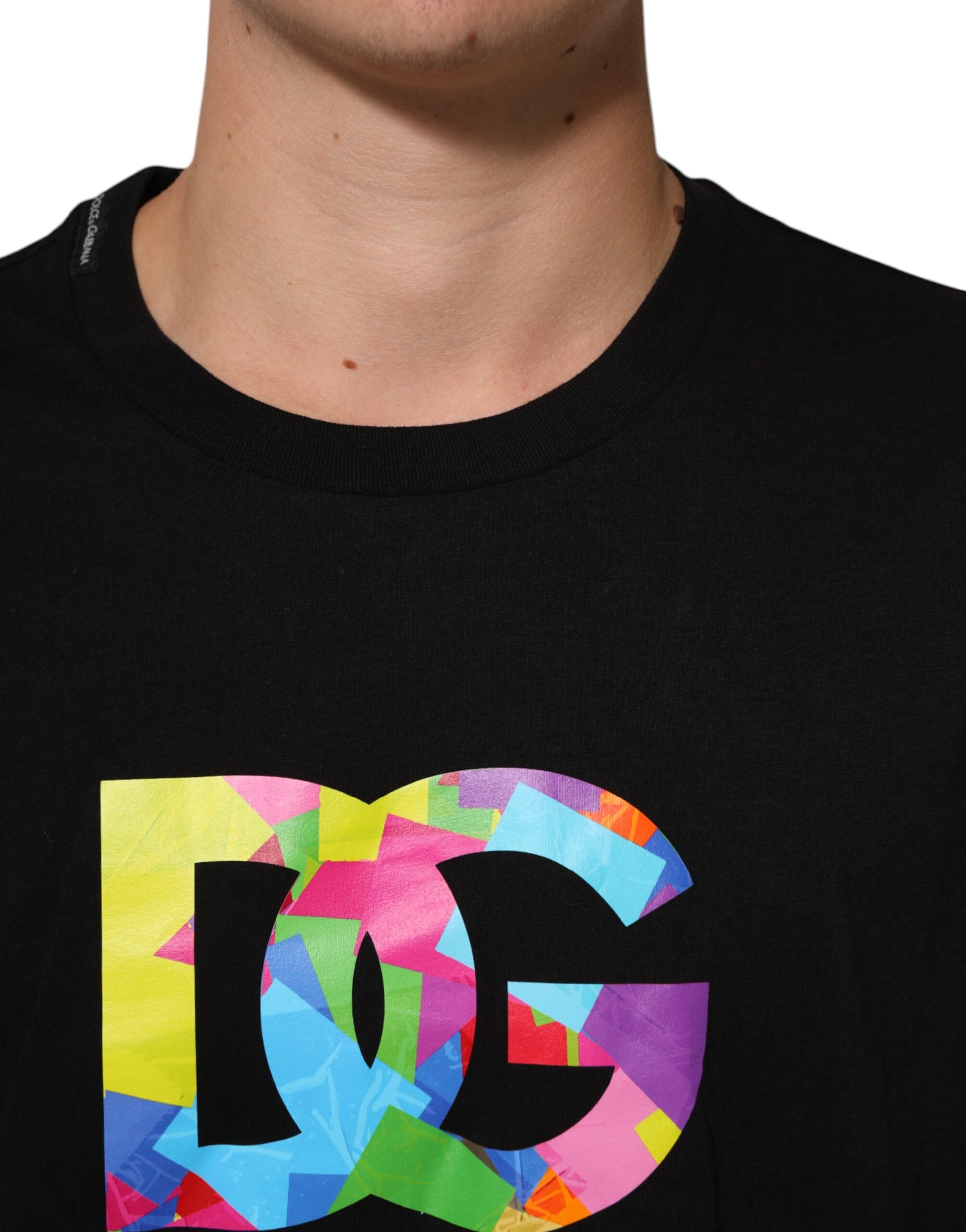 Black t-shirt with colorful DG logo on front