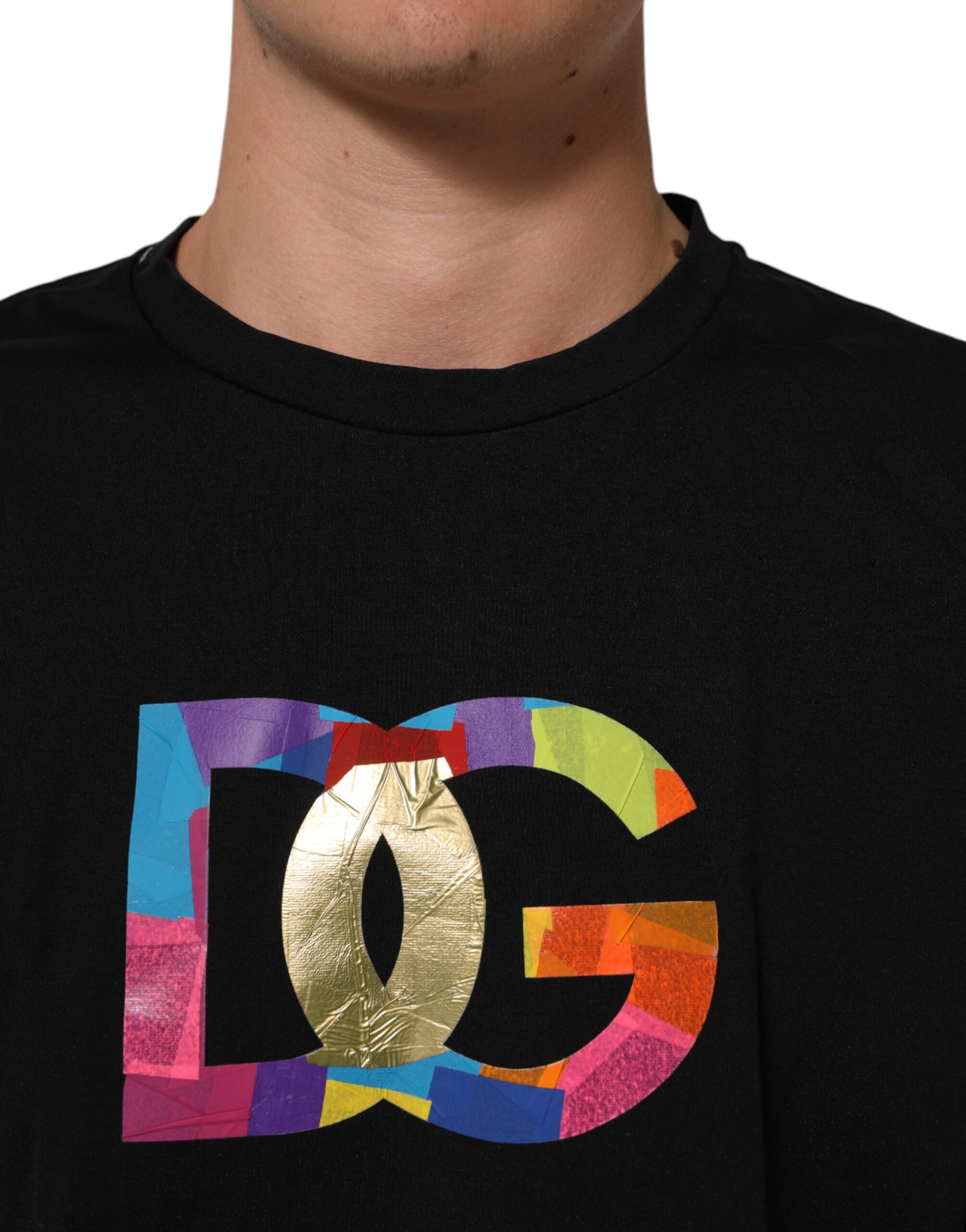 Black t-shirt with colorful DG logo on front