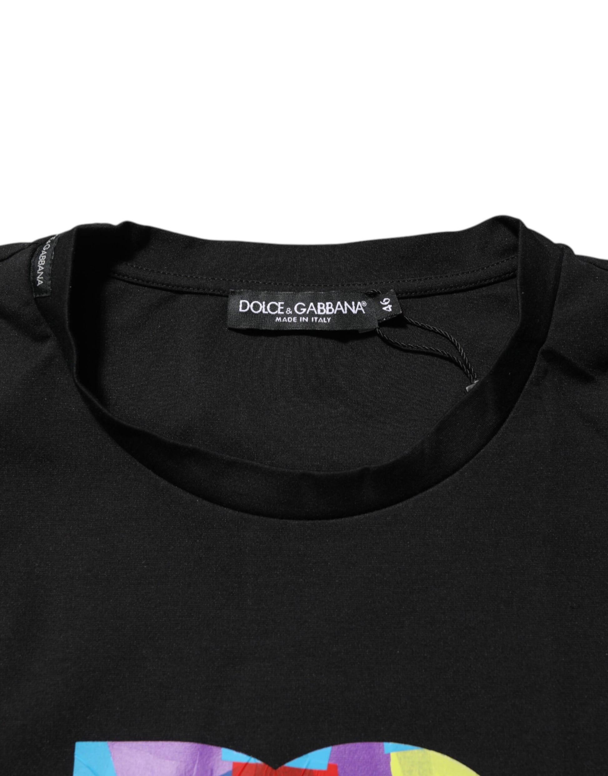 Black t-shirt with a colorful graphic on the front