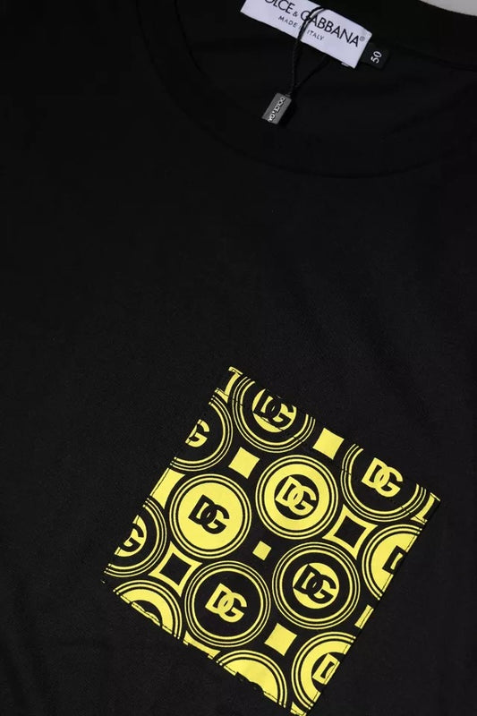 Black t-shirt with yellow design on front