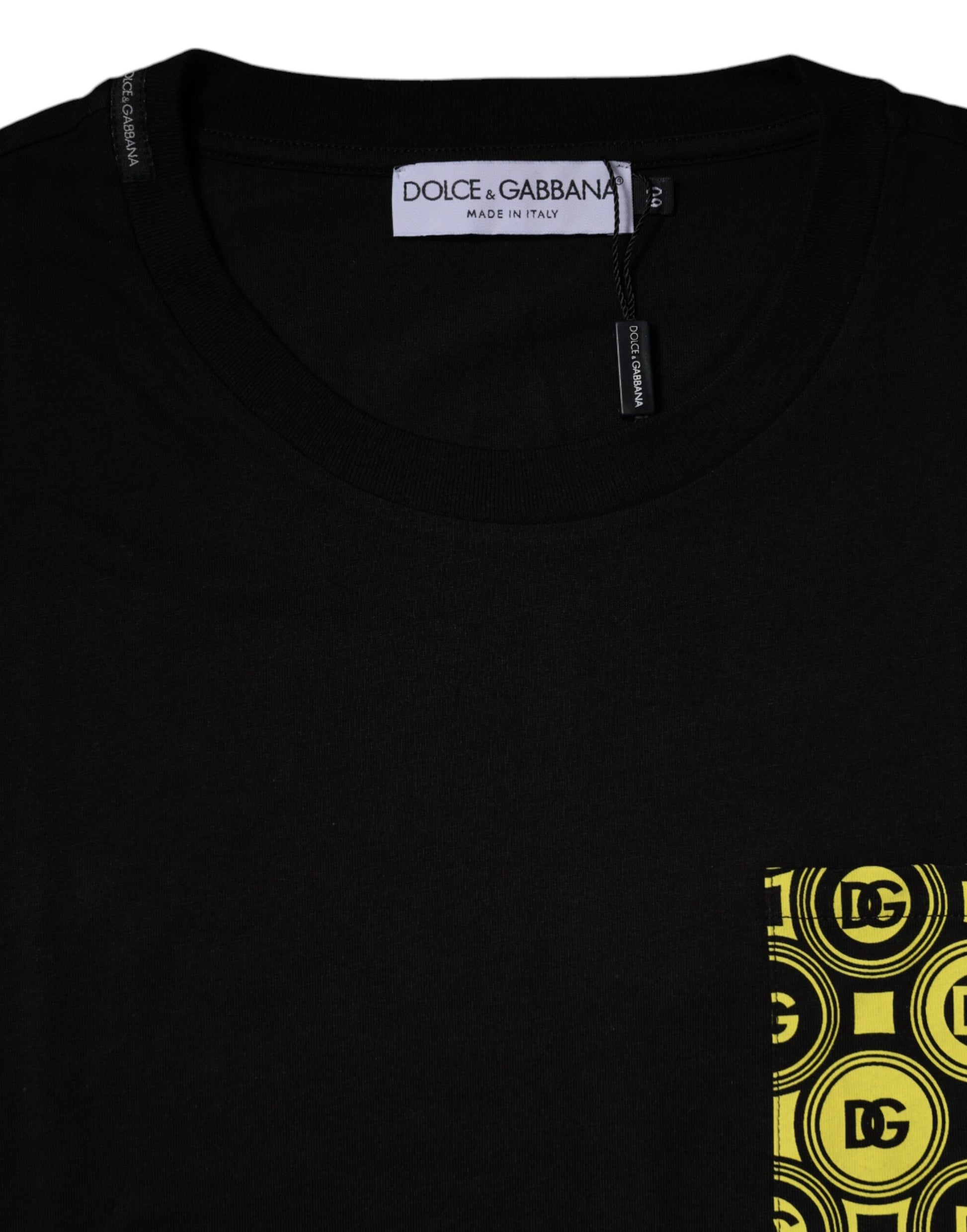 Black t-shirt with yellow logo on pocket
