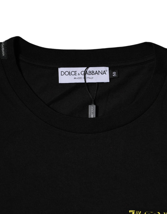 Black t-shirt with yellow logo on front