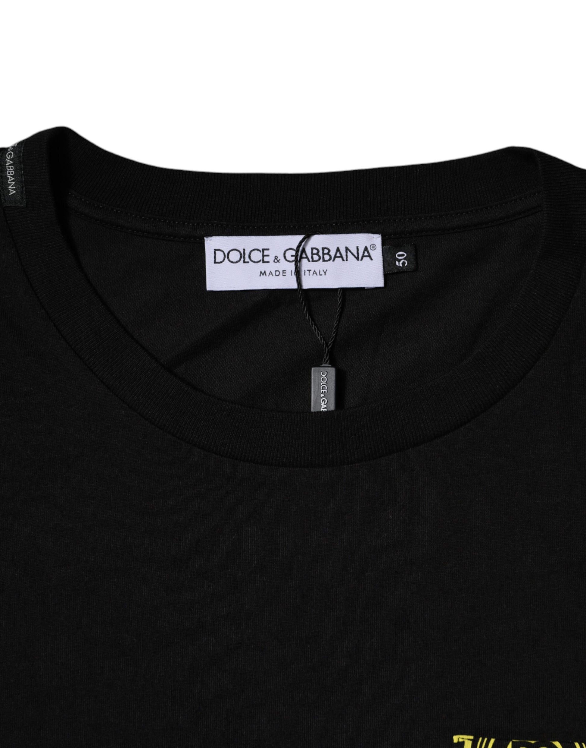 Black t-shirt with yellow logo on front