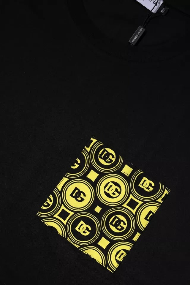 Black t-shirt with yellow circular design on front