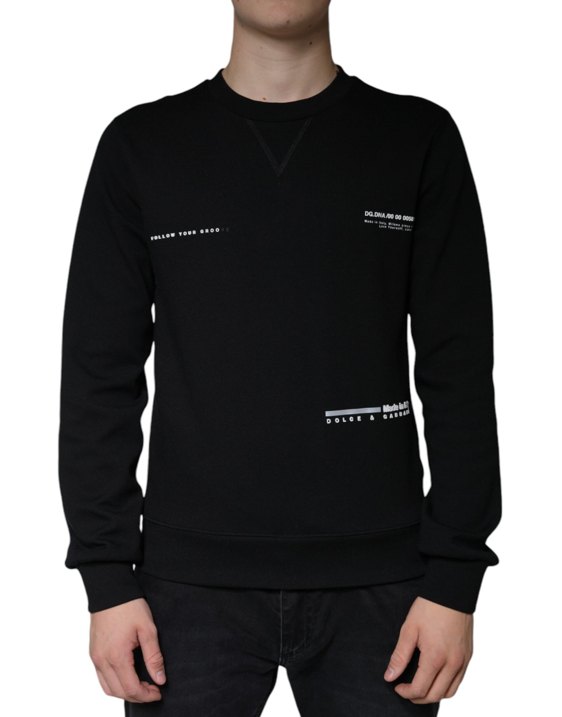 Black long sleeve sweatshirt with white lettering on front