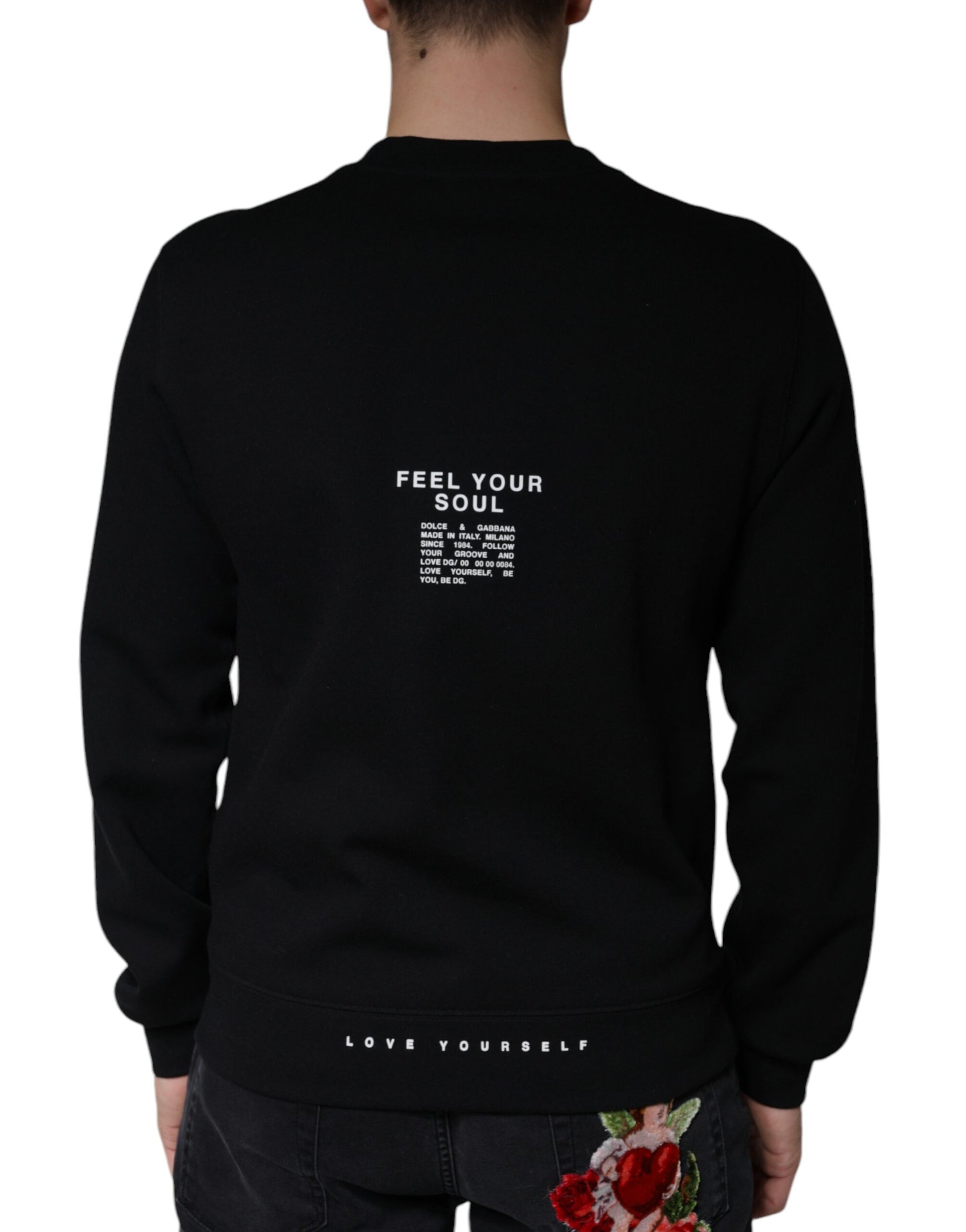 Black sweatshirt with white lettering on back