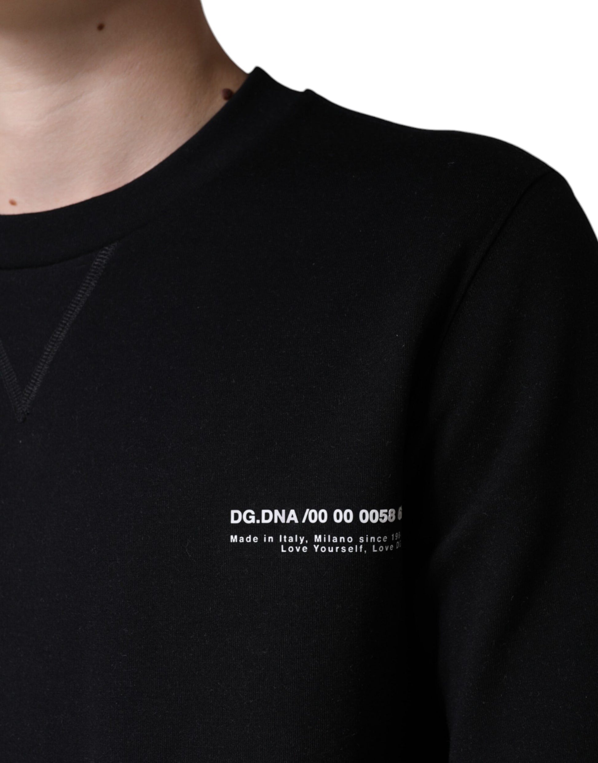 Black long sleeve shirt with white text on front