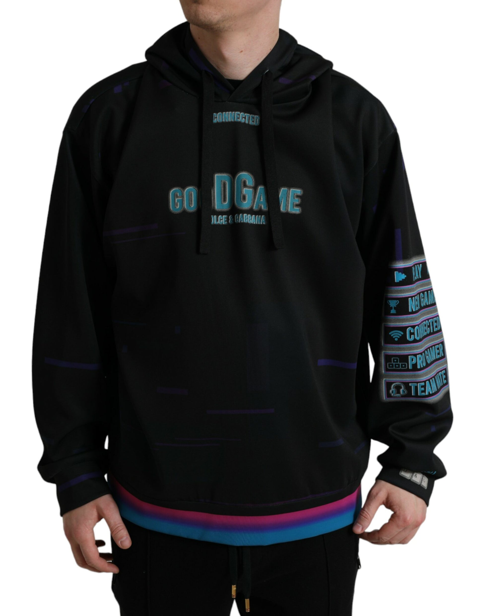 Black hoodie with colorful design on front