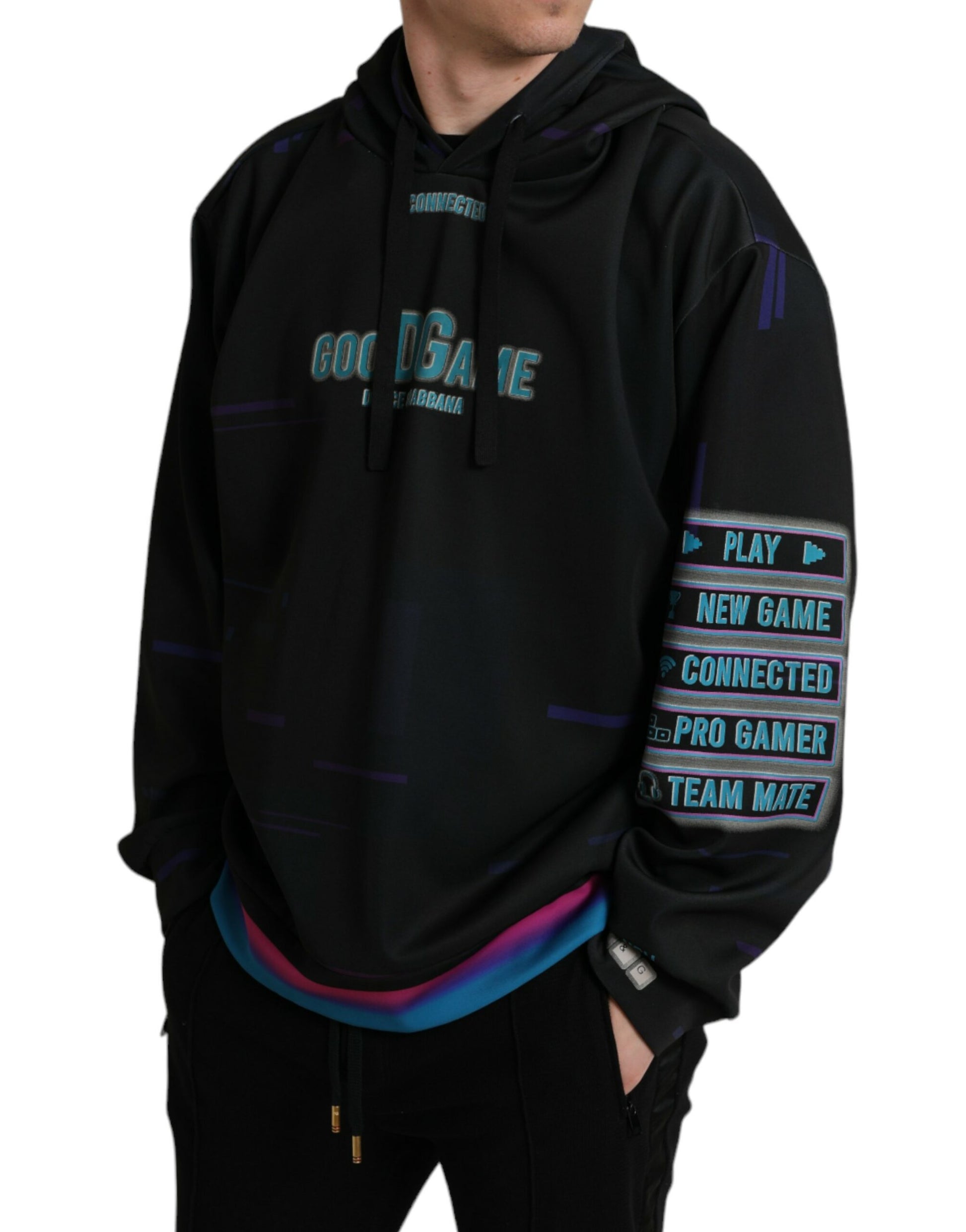 Black hoodie with colorful graphics on front