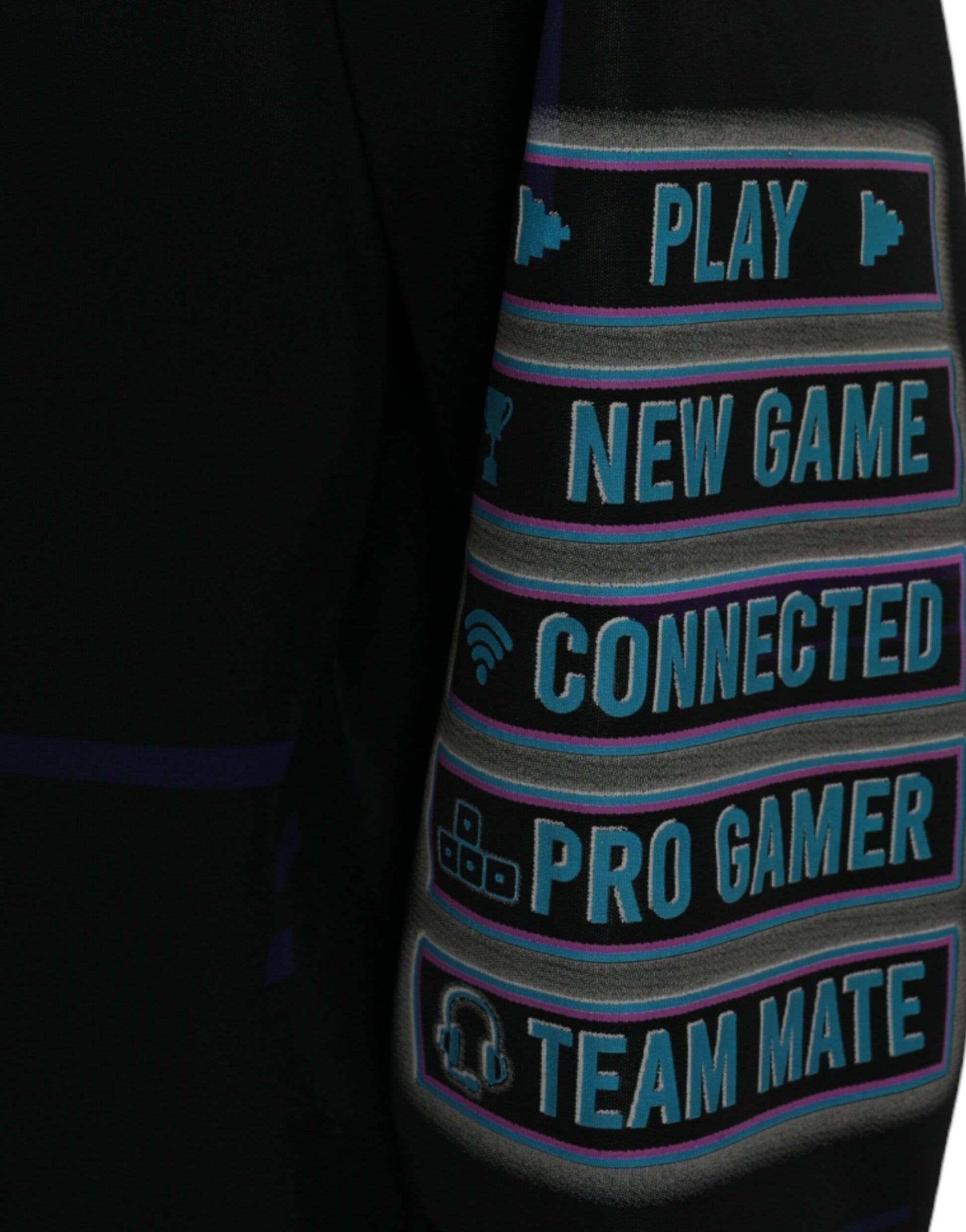 Blue embroidered patch on a black jacket reading "Play new game connected pro gamer team mate"