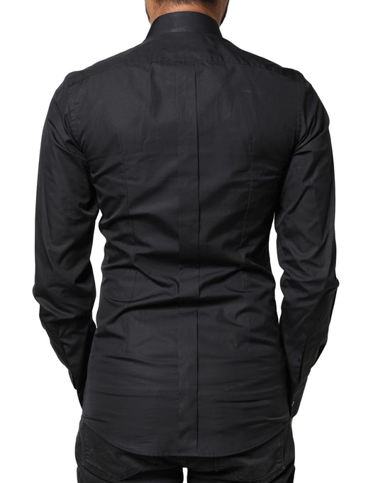 A black formal dress shirt with embroidered gold love design on the back