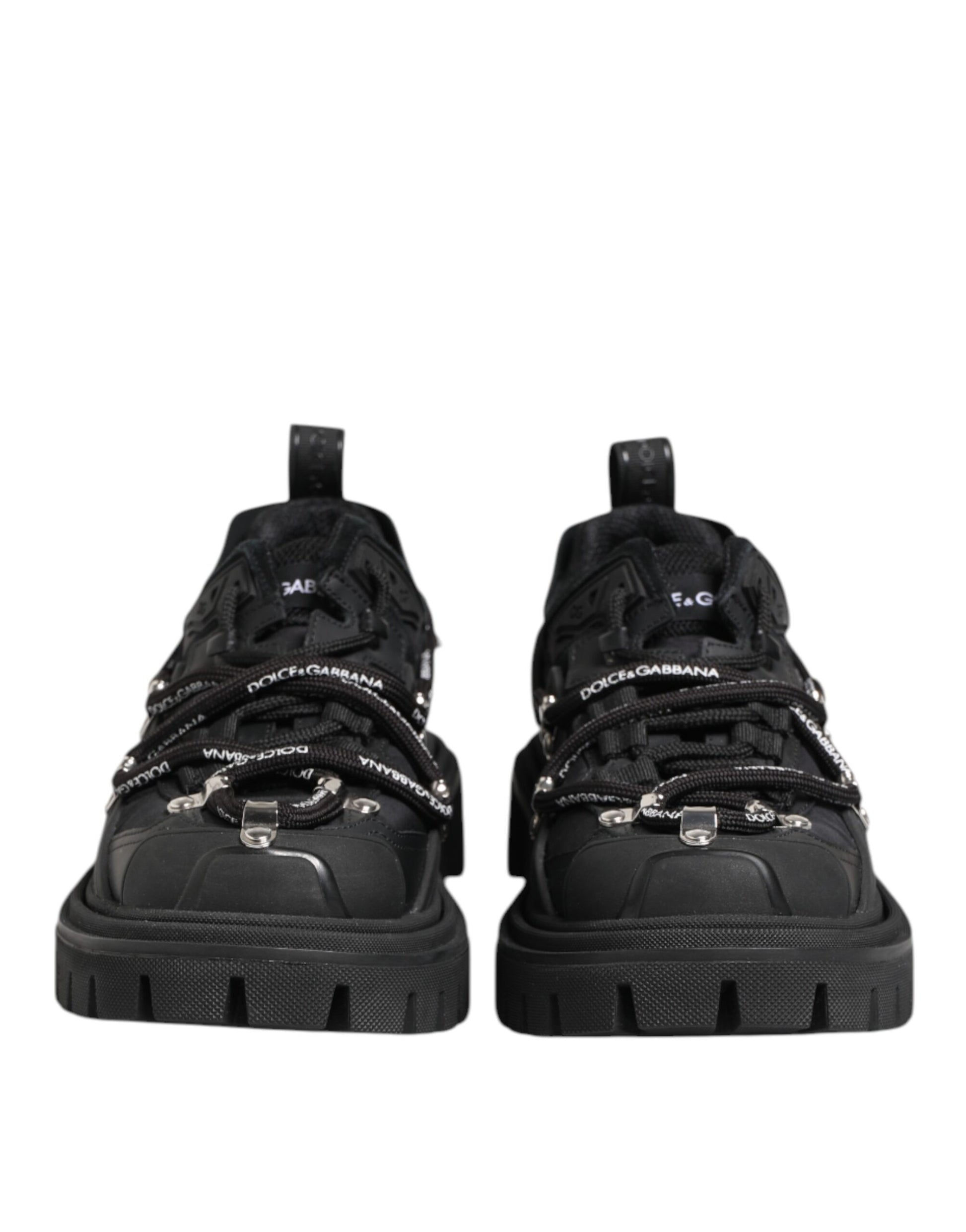 Pair of black hiking boots with laces