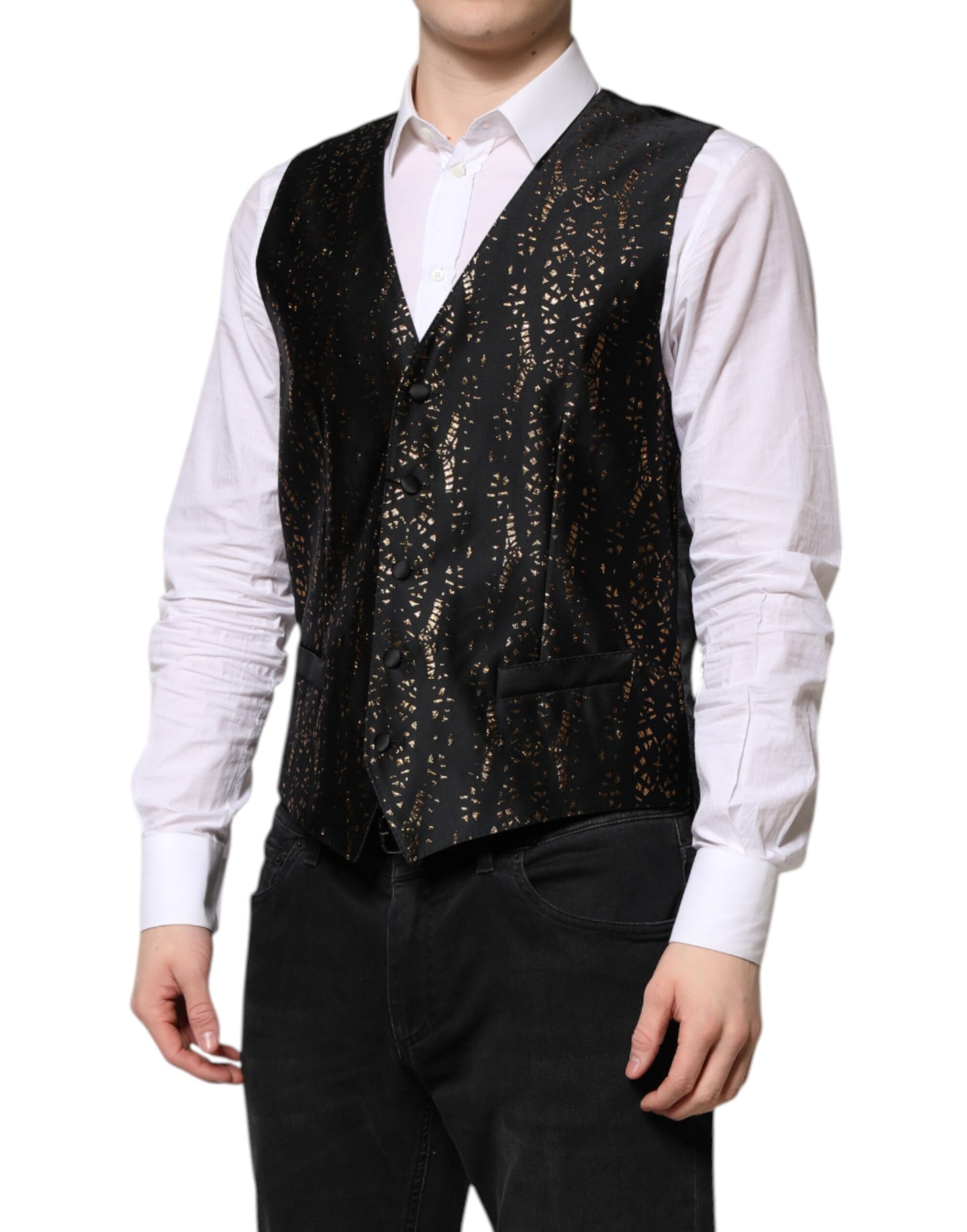 A black vest with a lurex pattern, part of a formal men's suit