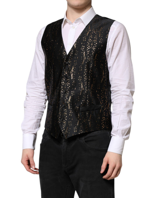 A black vest with a lurex pattern, part of a formal men's suit