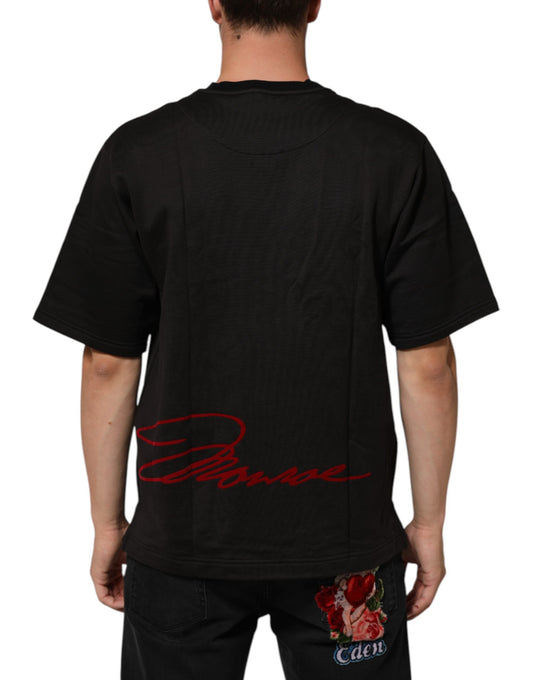 Black t-shirt with red writing on back