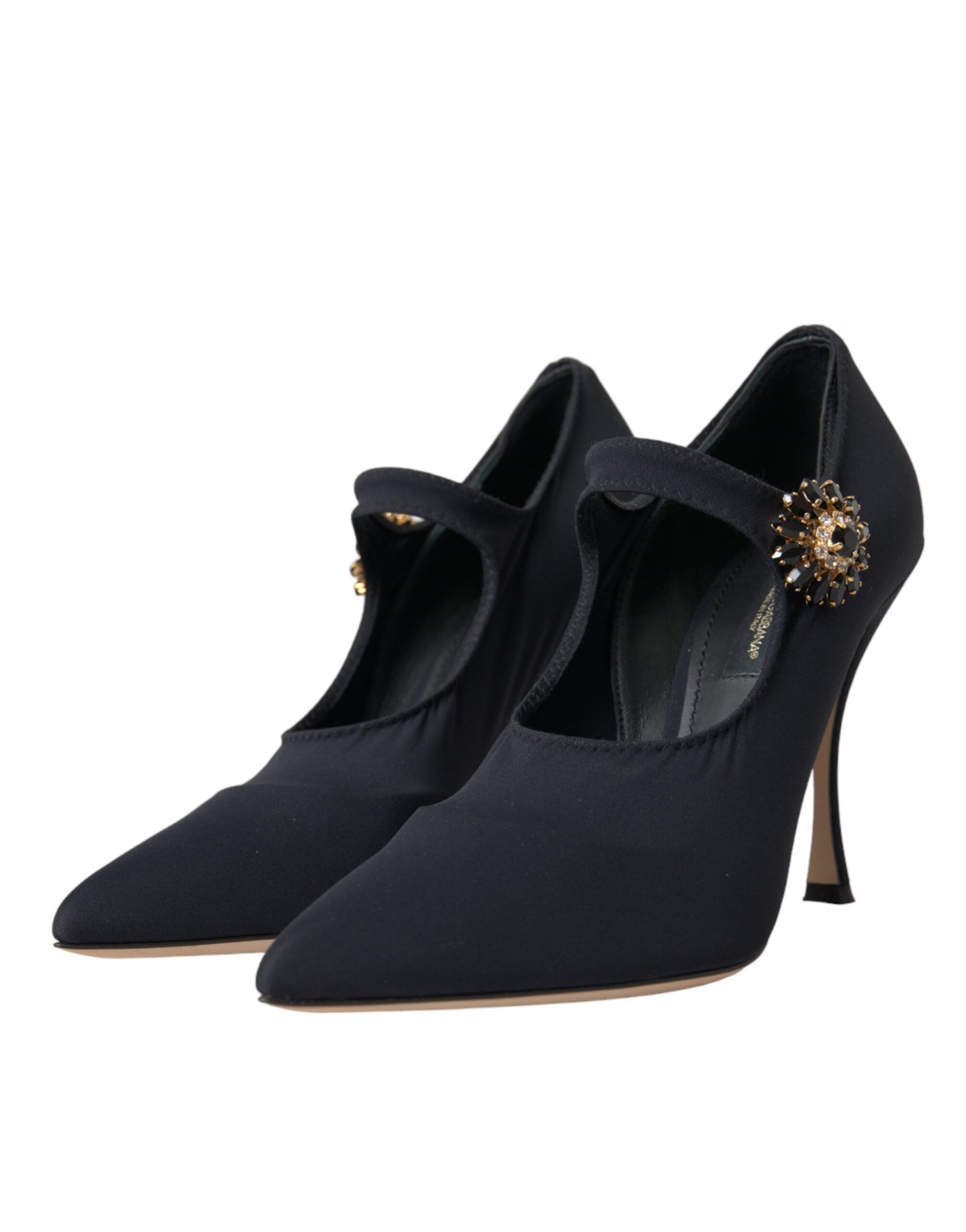 Pair of black suede women's shoes with gold accents