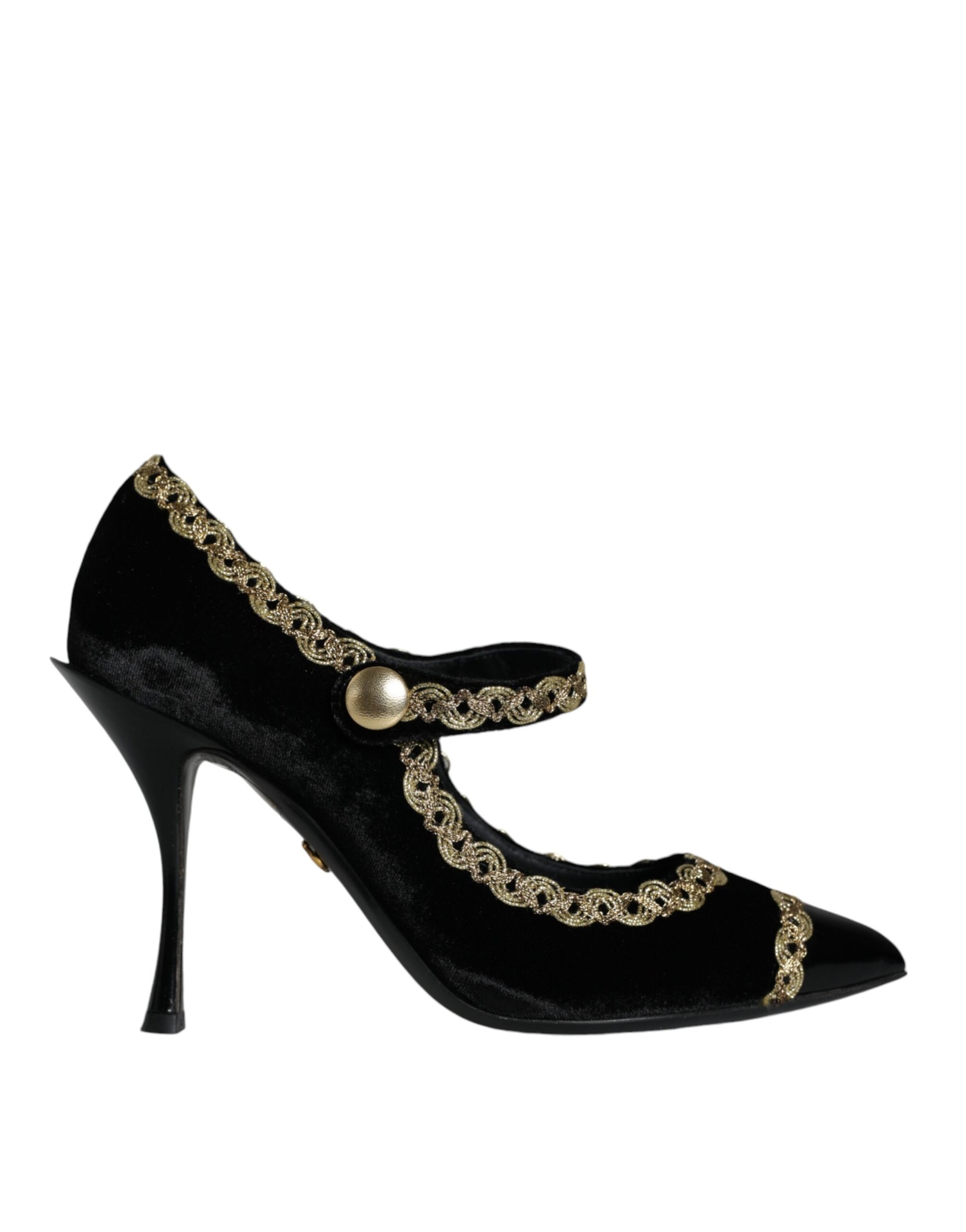 Black velvet shoe with gold embellishments