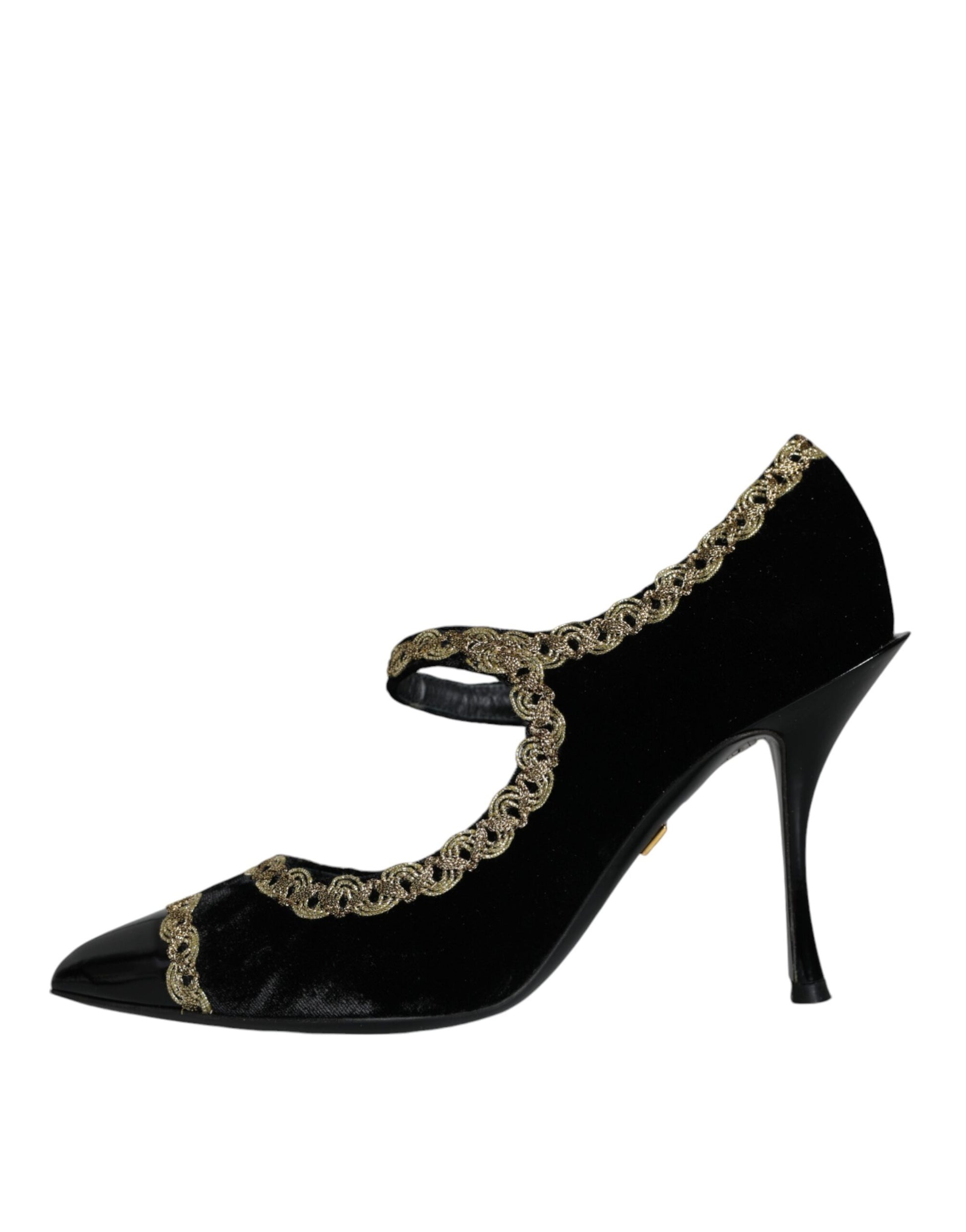 Black high heel shoe with gold embellishments