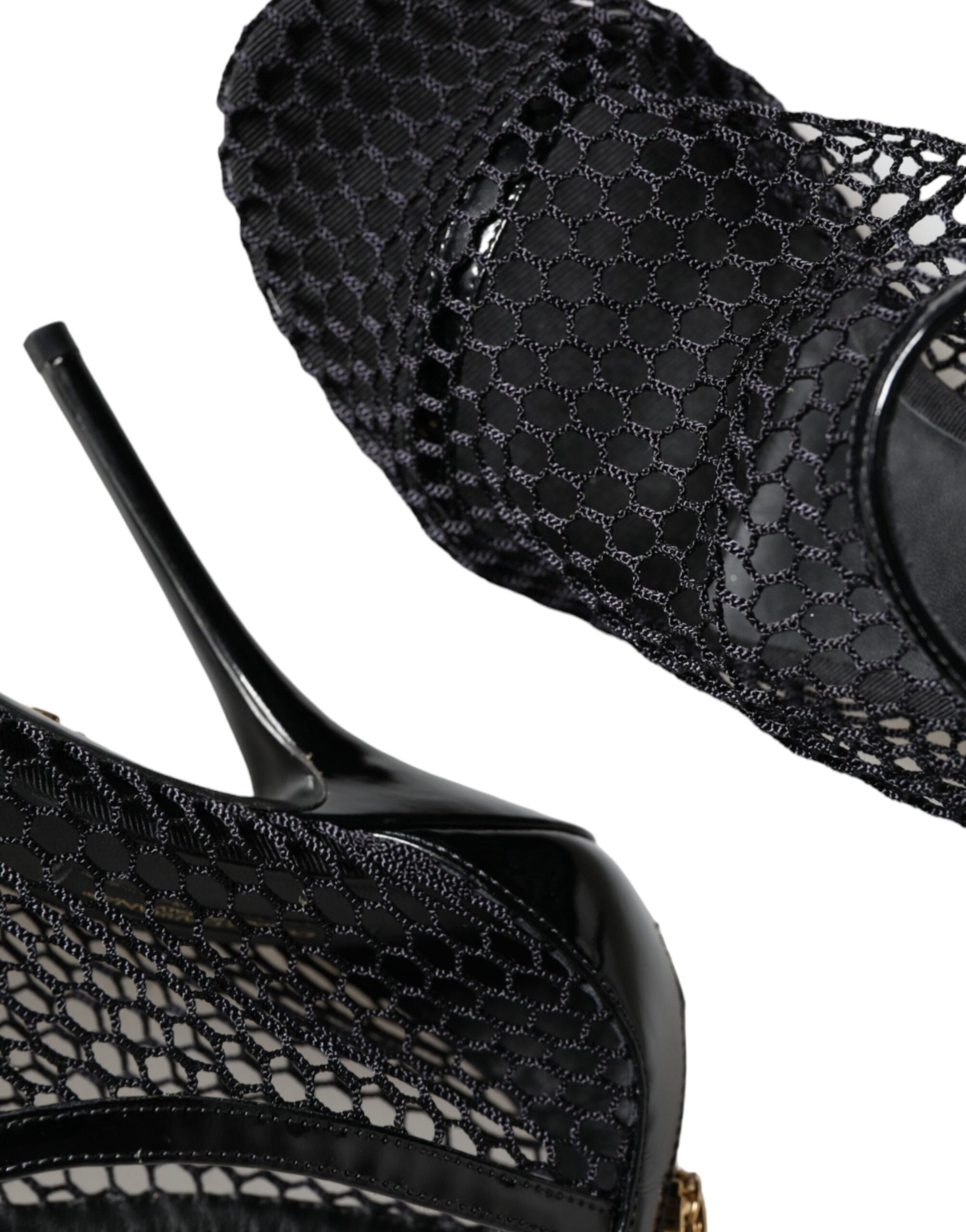 Black high heel shoe with lace design on top