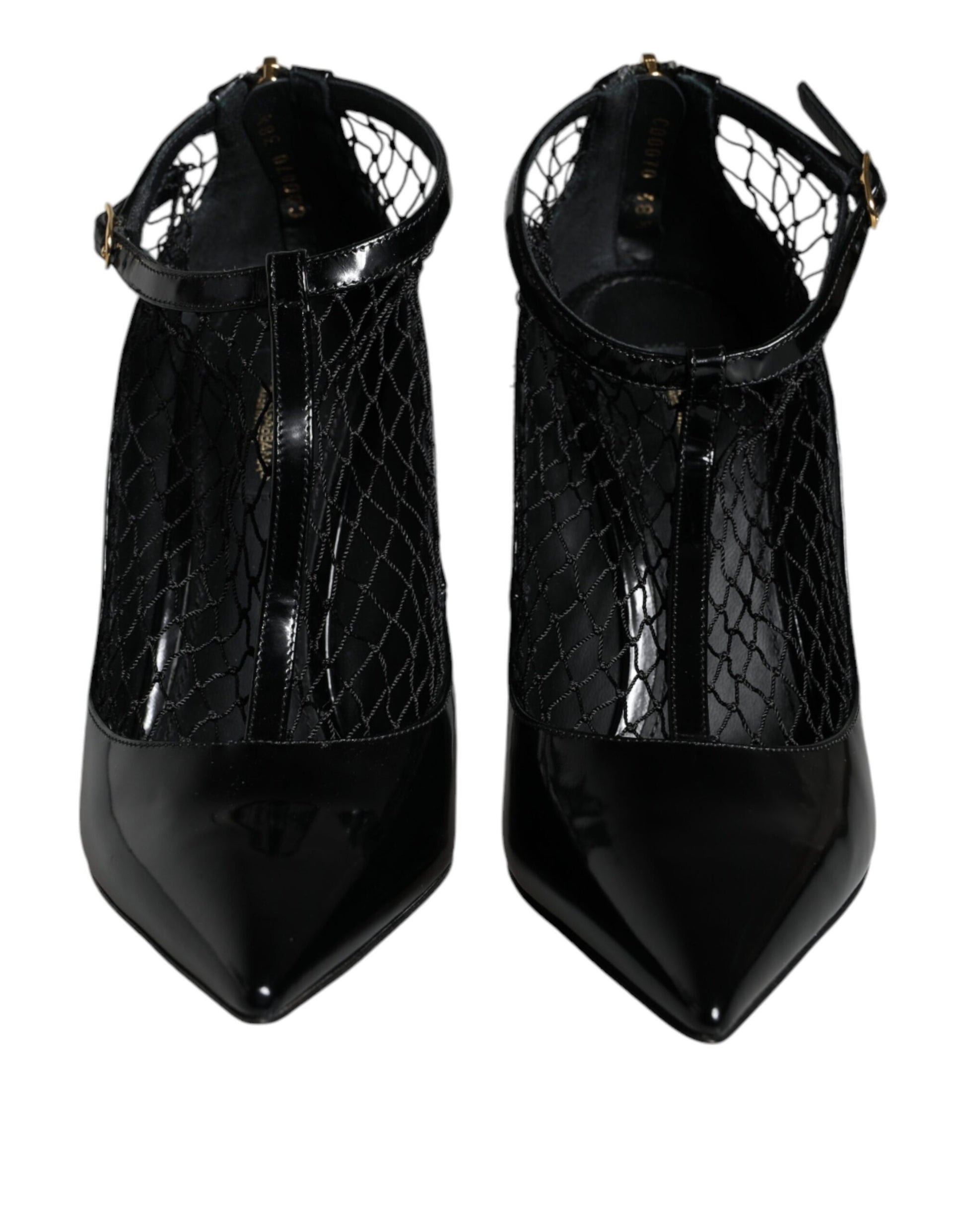 Pair of black high heel shoes with a mesh design on the side