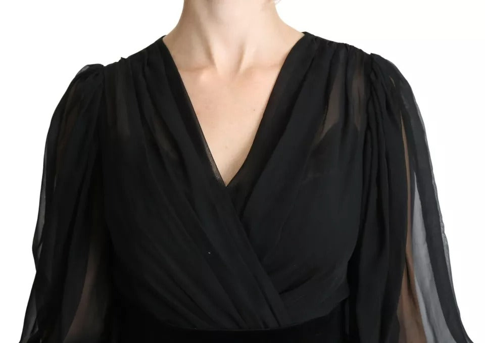 A black mesh pleated mini silk blend dress with a V-neckline