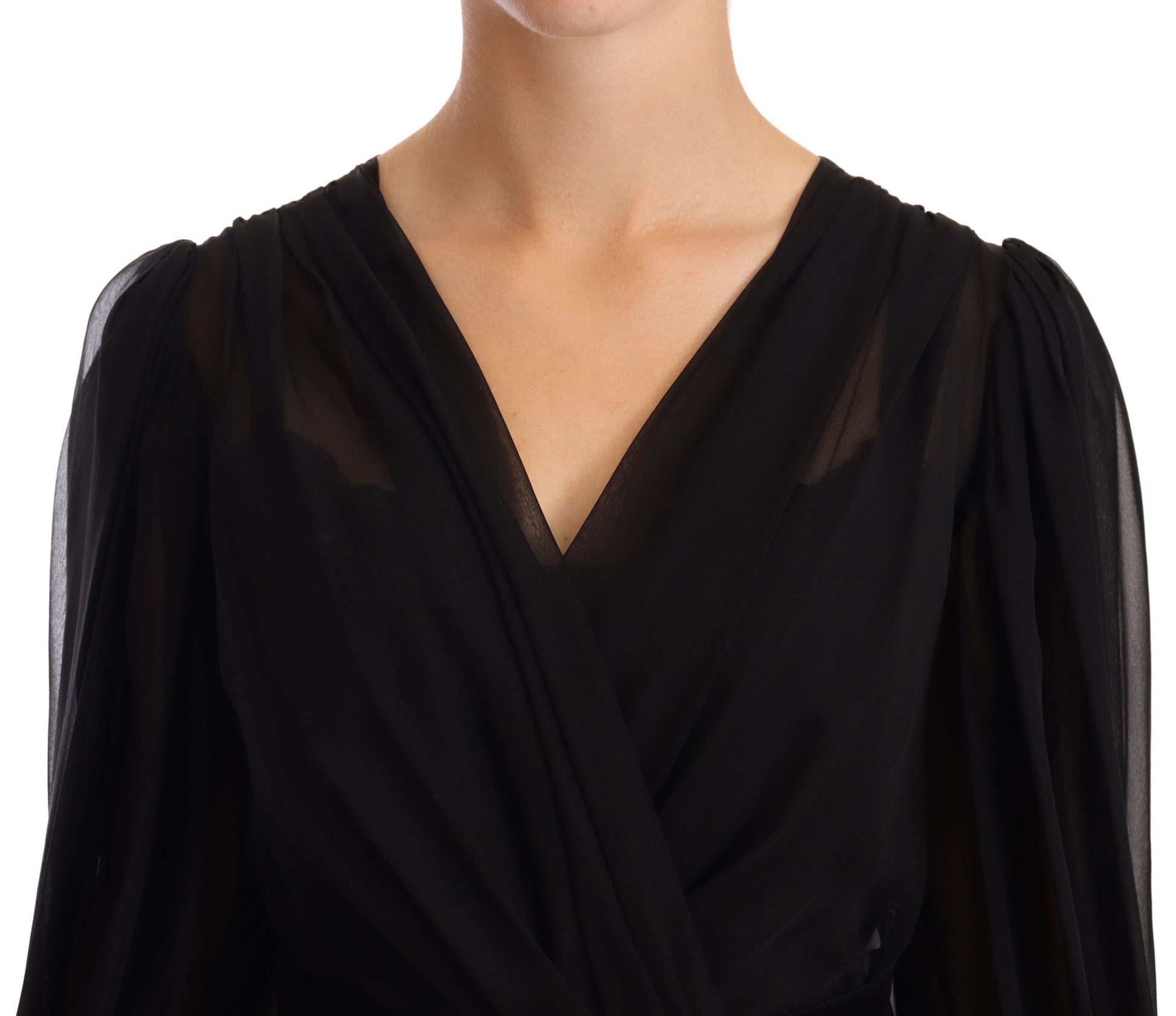A black mesh pleated mini silk stretch dress with a V-neckline