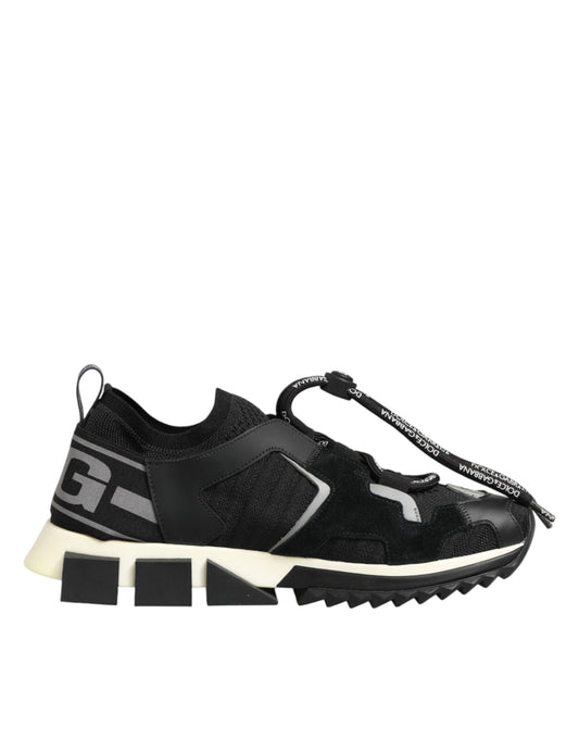 Black athletic shoe with white sole