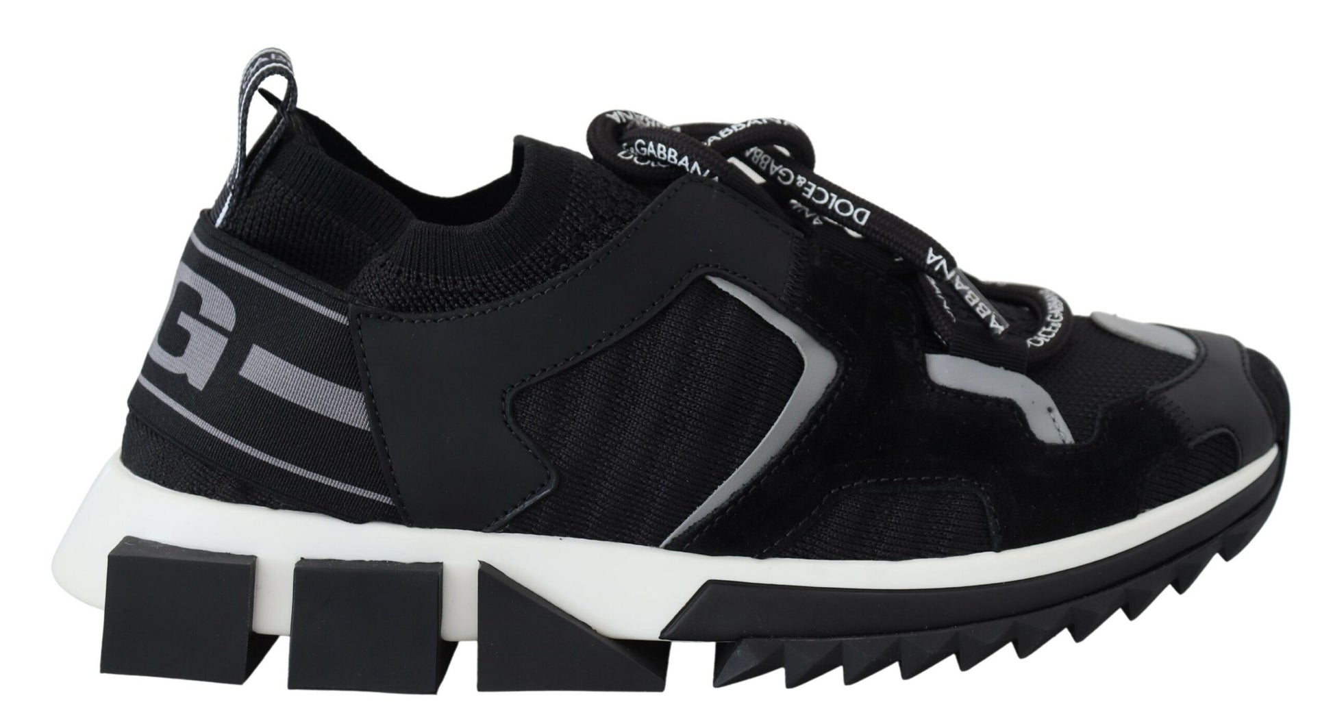 Black and white athletic shoe with laces and a logo on the side