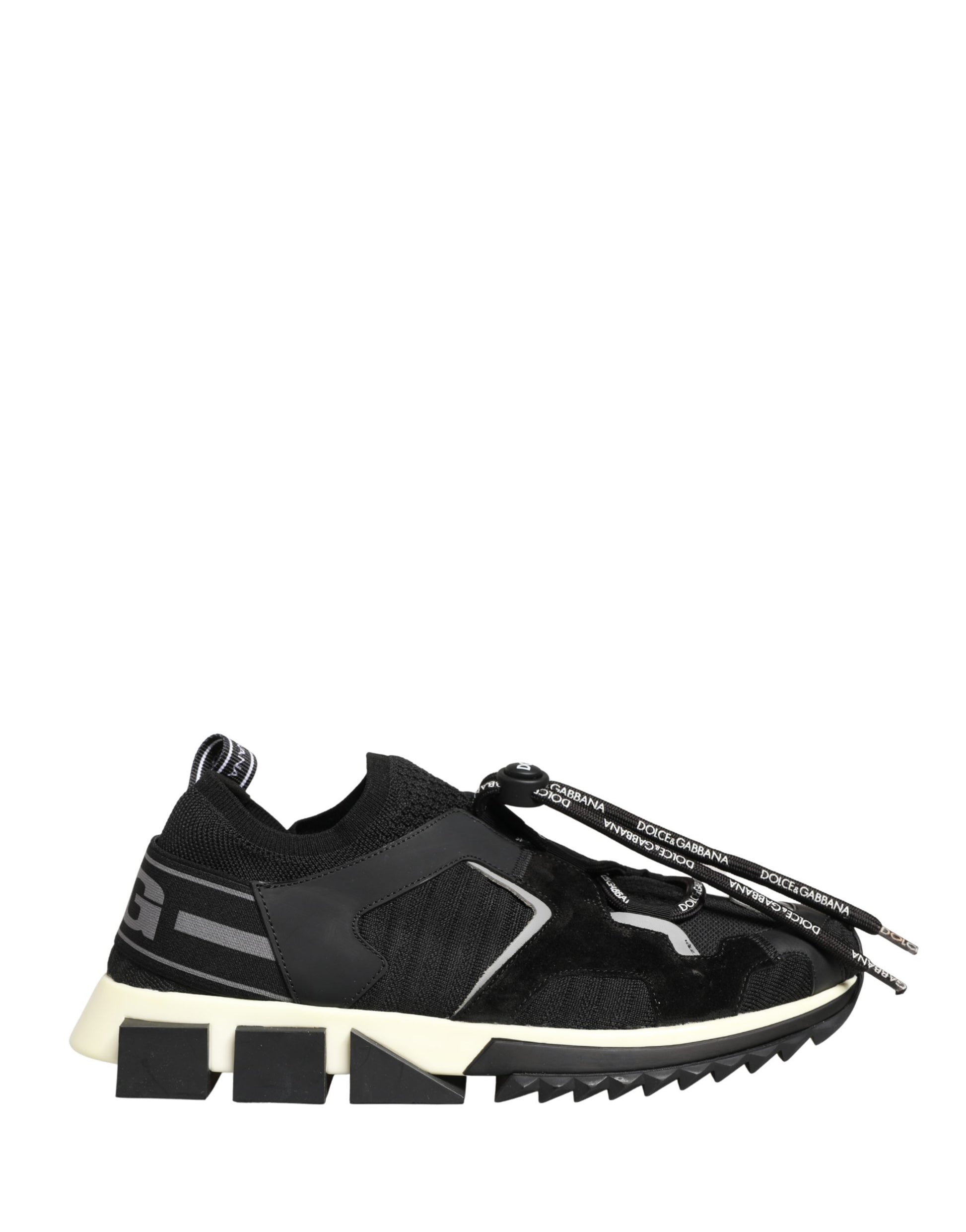 A pair of black mesh sneakers with white soles, featuring a logo on the side