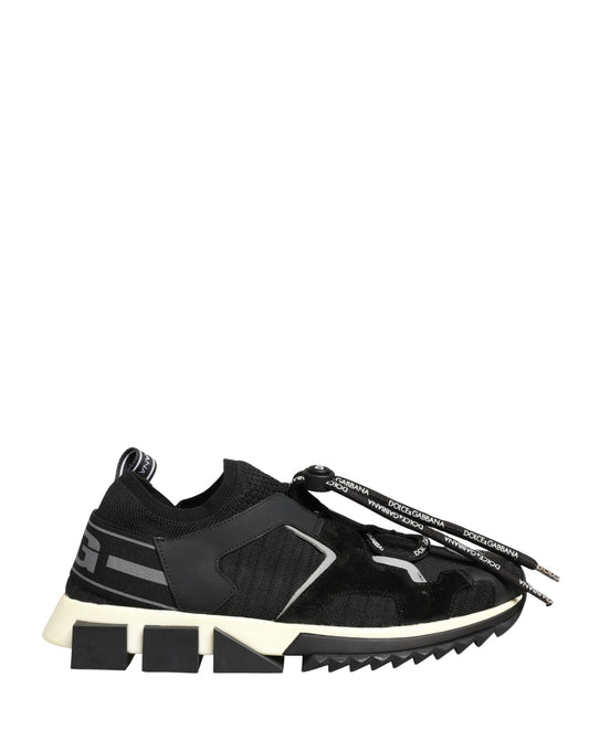 A pair of black mesh sneakers with white soles, featuring a logo on the side