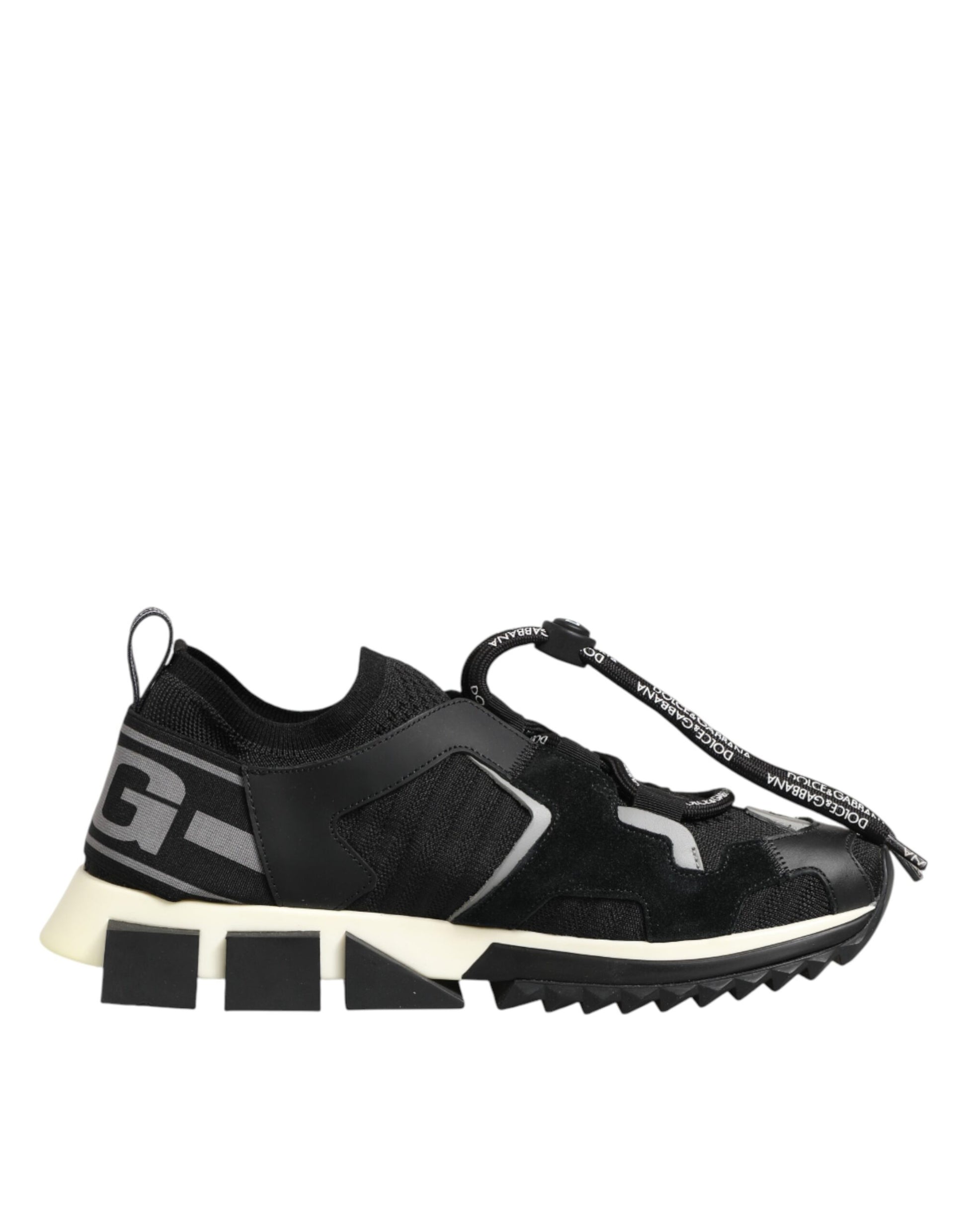Black and white athletic shoe with laces and a pull tab on the back