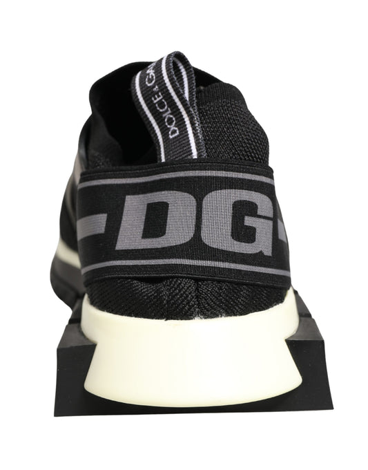 Black mesh sneakers with white sole, featuring brand name and design elements