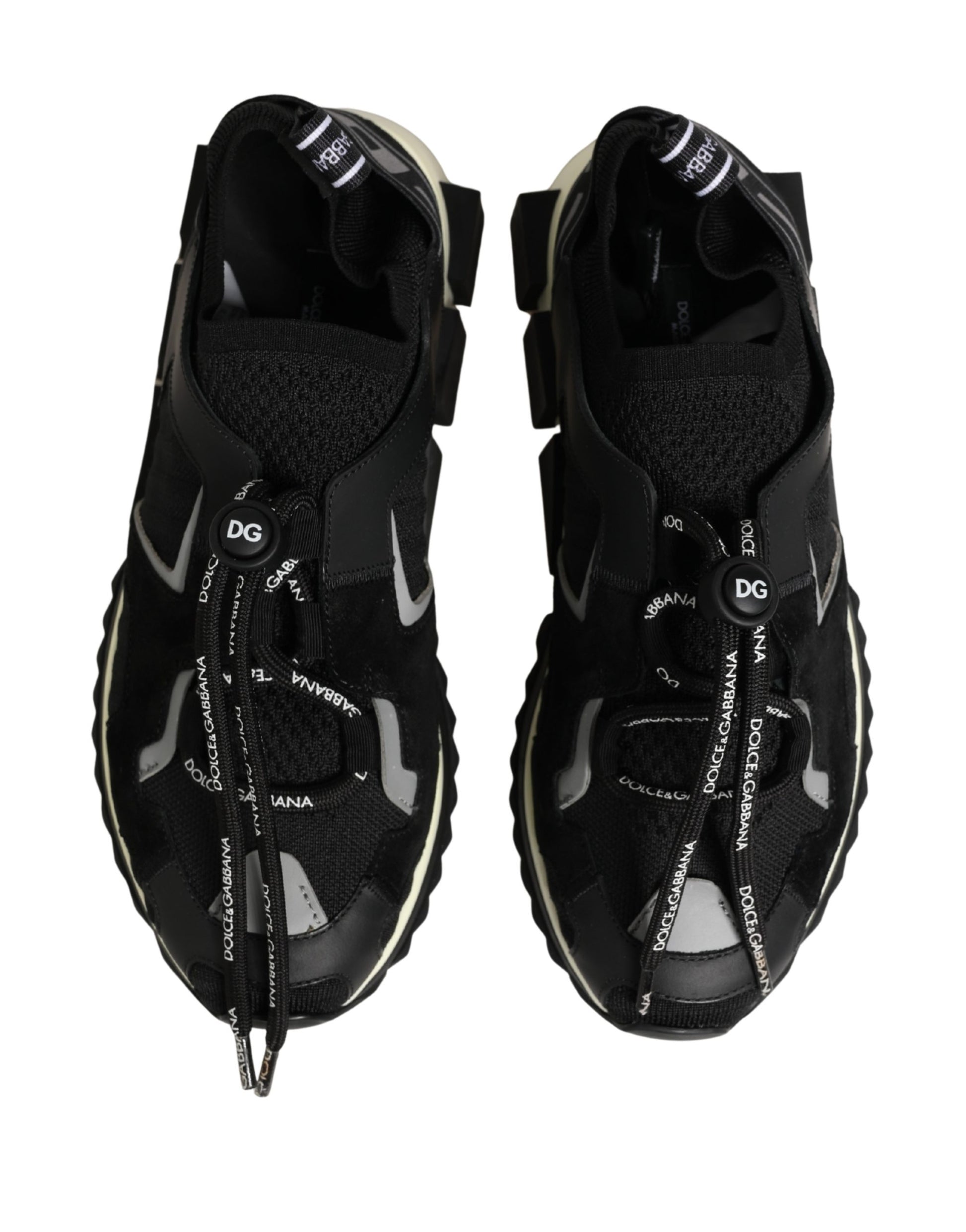 Pair of black mesh sneakers with white laces and logo on side, featuring a trekking sole