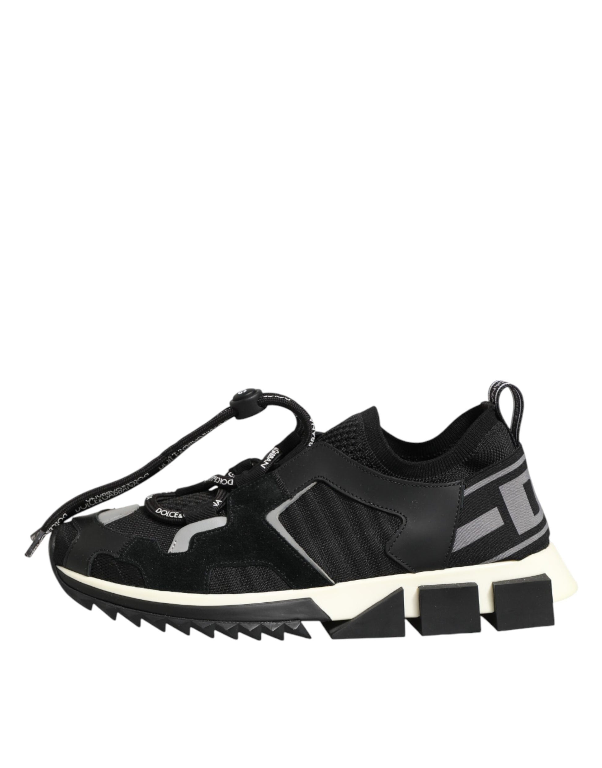 Black athletic shoe with white sole