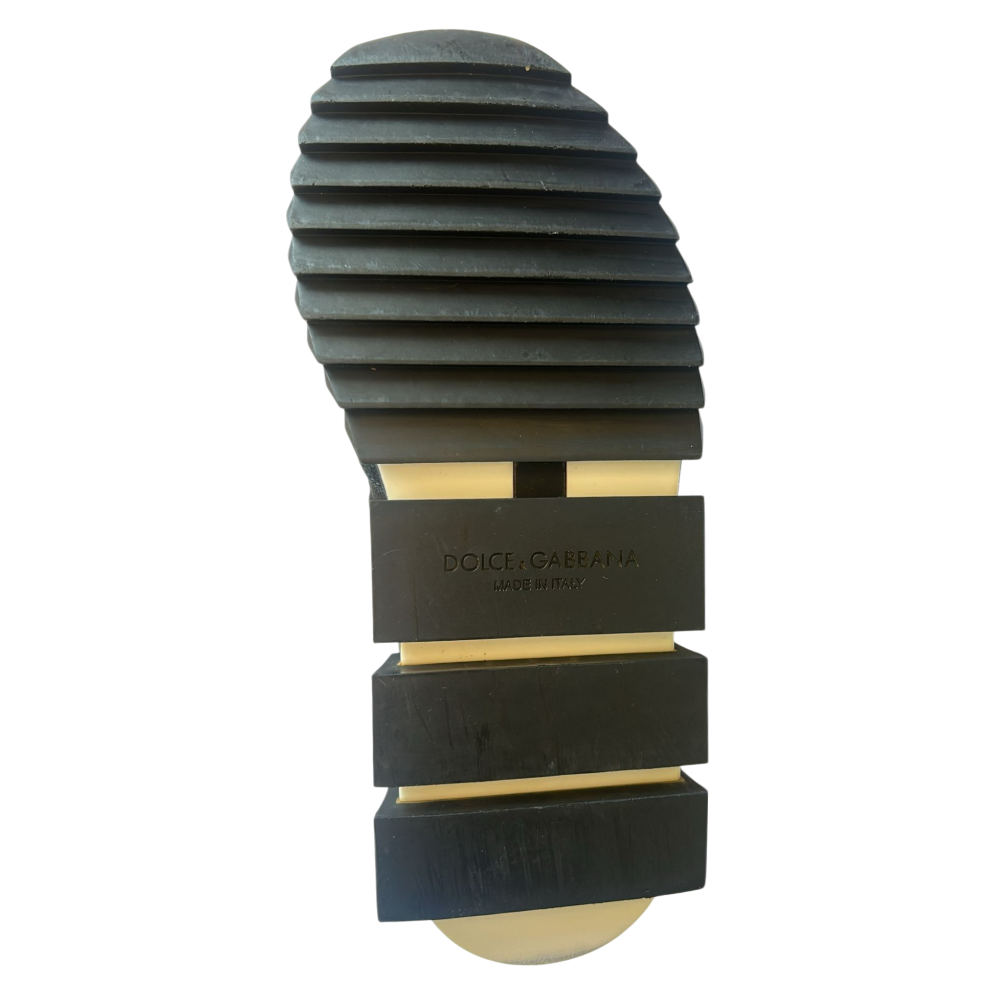 Black shoe with yellow sole